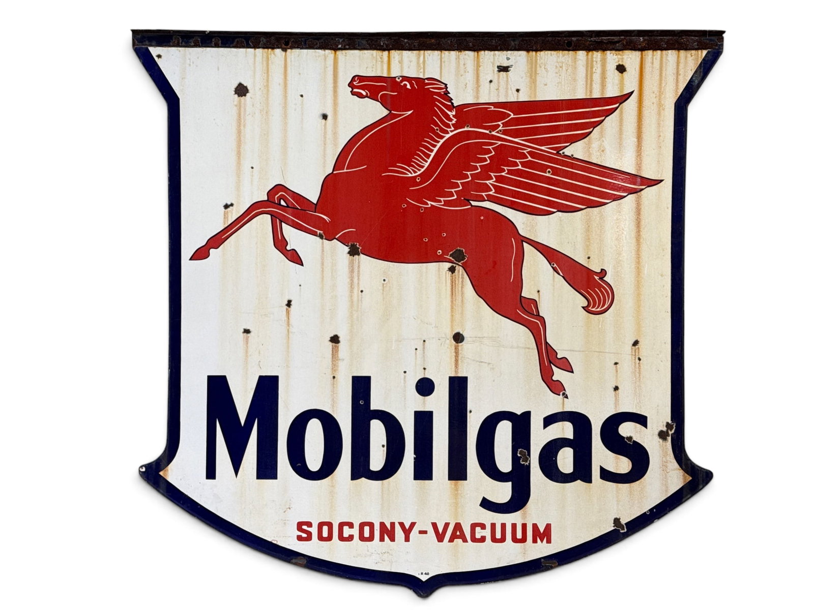 Mobilgas Porcelain Shield Sign: A Mobilgas porcelain double-sided shield-form sign with Pegasus. Marked "I.R. 40" for Ingram Richardson circa 1940. 56in tall x 58in wide. | You have additional shipping options, and are not required 