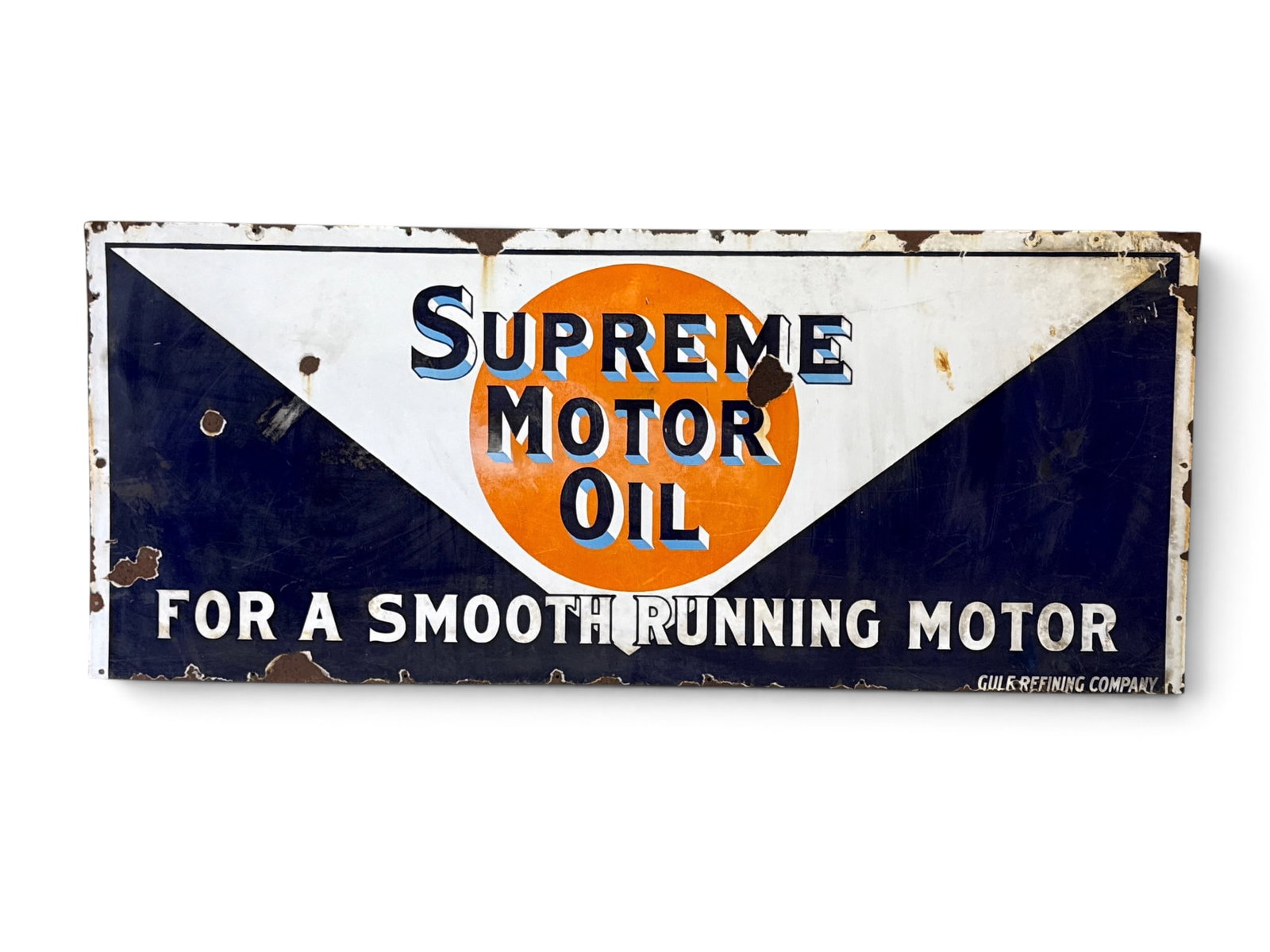 Gulf Supreme Motor Oil Single-Sided Porcelain Advertising Sign: A Gulf Supreme Motor Oil single-sided porcelain advertising sign, "For a smooth running motor". 30 in x 72 in. | You have additional shipping options, and are not required to use Live Shipping. Additi