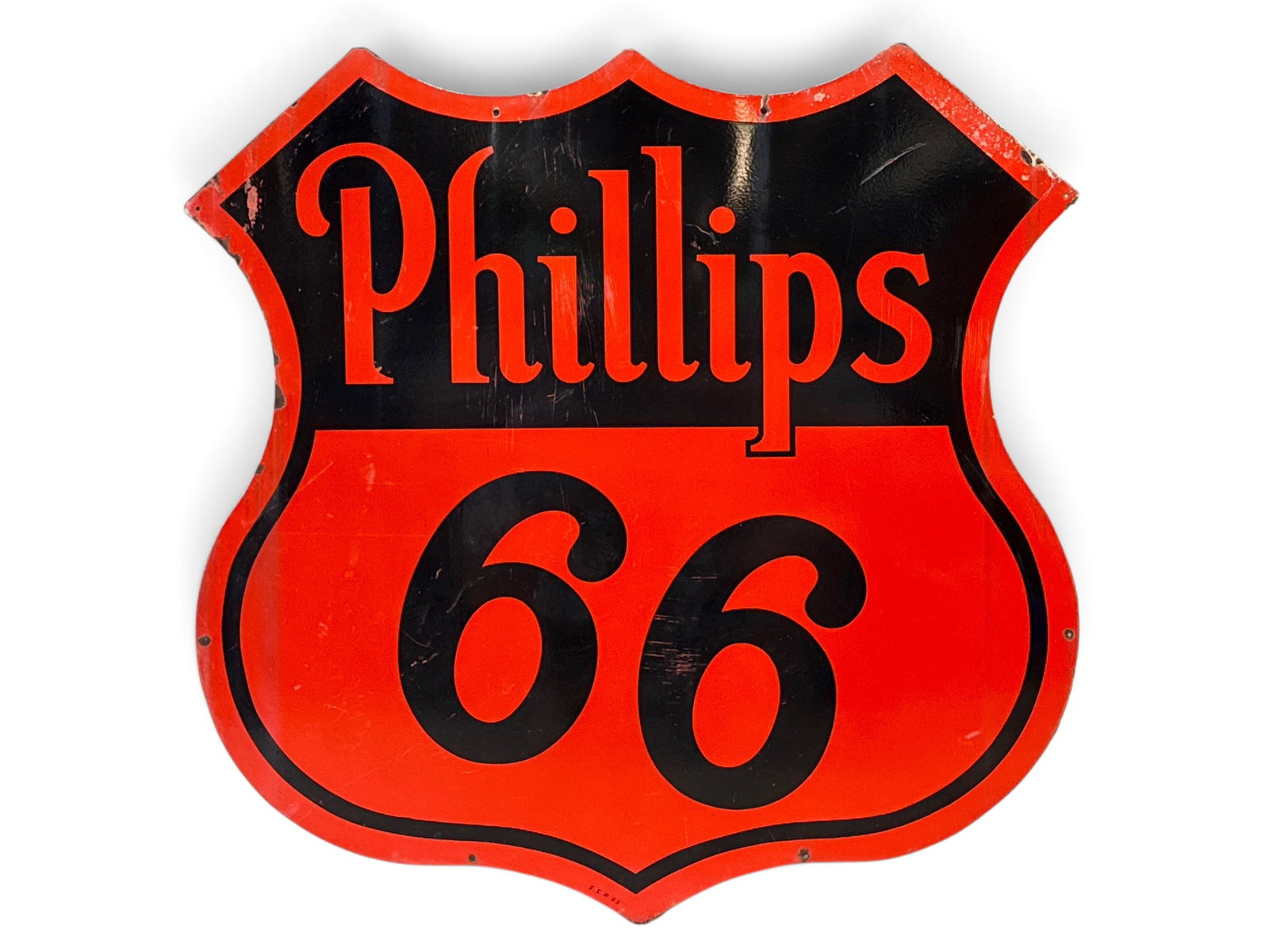 Phillips 66 Gasoline Double-Sided Porcelain Shield Sign: A Phillips 66 double-sided porcelain advertising sign of shield form, marked "S.S.P. 55", circa 1955. 47-1/4 in x 48 in. | You have additional shipping options, and are not required to use Live Shippi