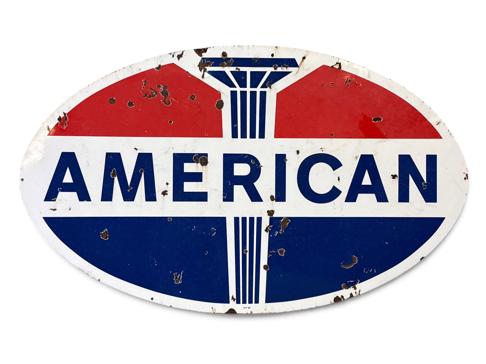 American Gasoline Double-Sided Porcelain Sign: An American Gasoline double-sided porcelain service station advertising sign, marked "S.P. 65", circa 1965. 45 in x 74 in. | You have additional shipping options, and are not required to use Live Ship