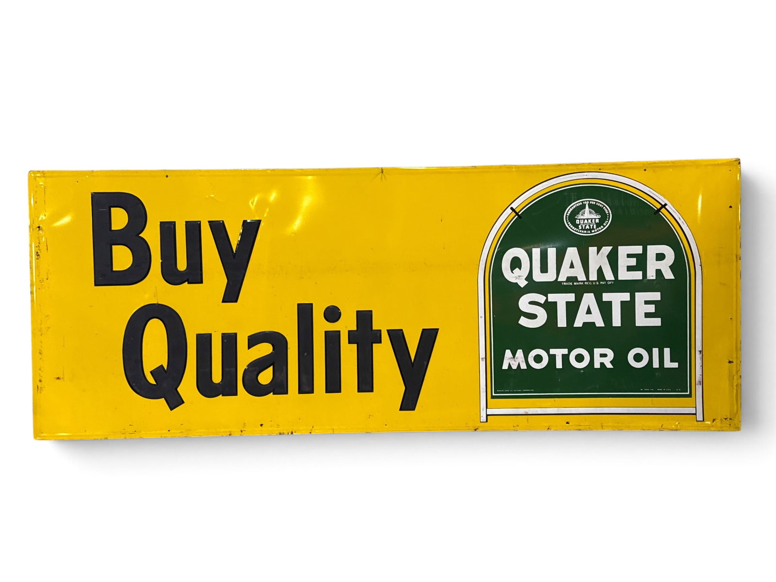 Quaker State Motor Oil Embossed Advertising Sign: A Quaker State Motor Oil "Buy Quality" embossed service station advertising sign. 36in tall x 94in wide. | You have additional shipping options, and are not required to use Live Shipping. Additional