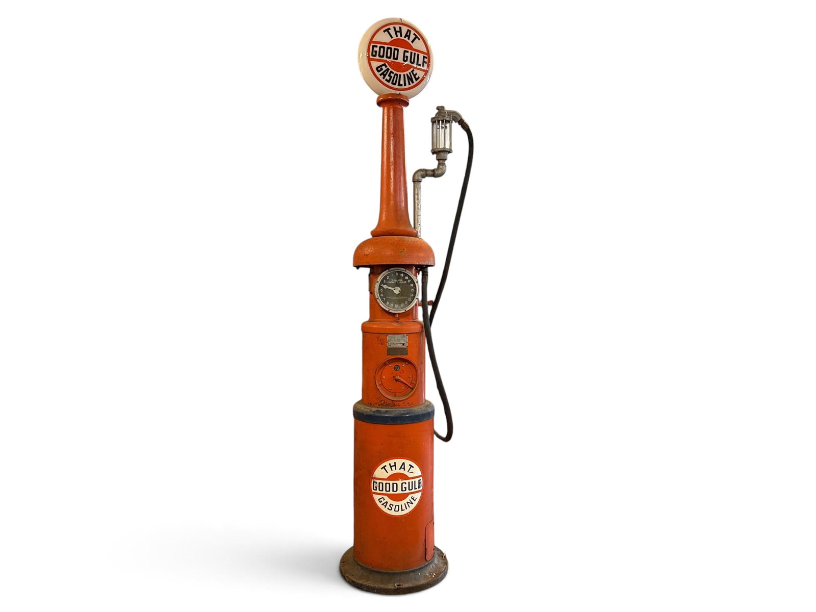 Tokheim Clock Face Gas Pump: A Tokheim clock face gas pump with GULF globe and cast iron case. | You have additional shipping options, and are not required to use Live Shipping. Additional shipping and delivery details are availa