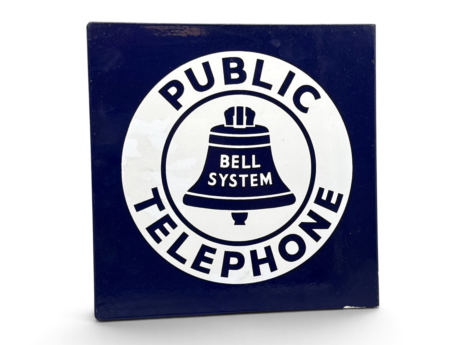 Bell Public Telephone Porcelain Flange Sign: A "Bell System Public Telephone" double-sided porcelain flange sign. 11-1/8 in x 11 in. | You have additional shipping options, and are not required to use Live Shipping. Additional shipping and