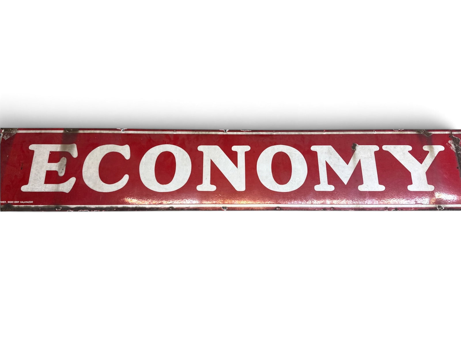 Two-Part Economy Stores Porcelain Enameled Store Sign: A two-part porcelain enameled "Economy Stores" store advertising sign, American Signs Corp., Kalamazoo. 18 in x 15ft 1in. | You have additional shipping options, and are not required to use Live