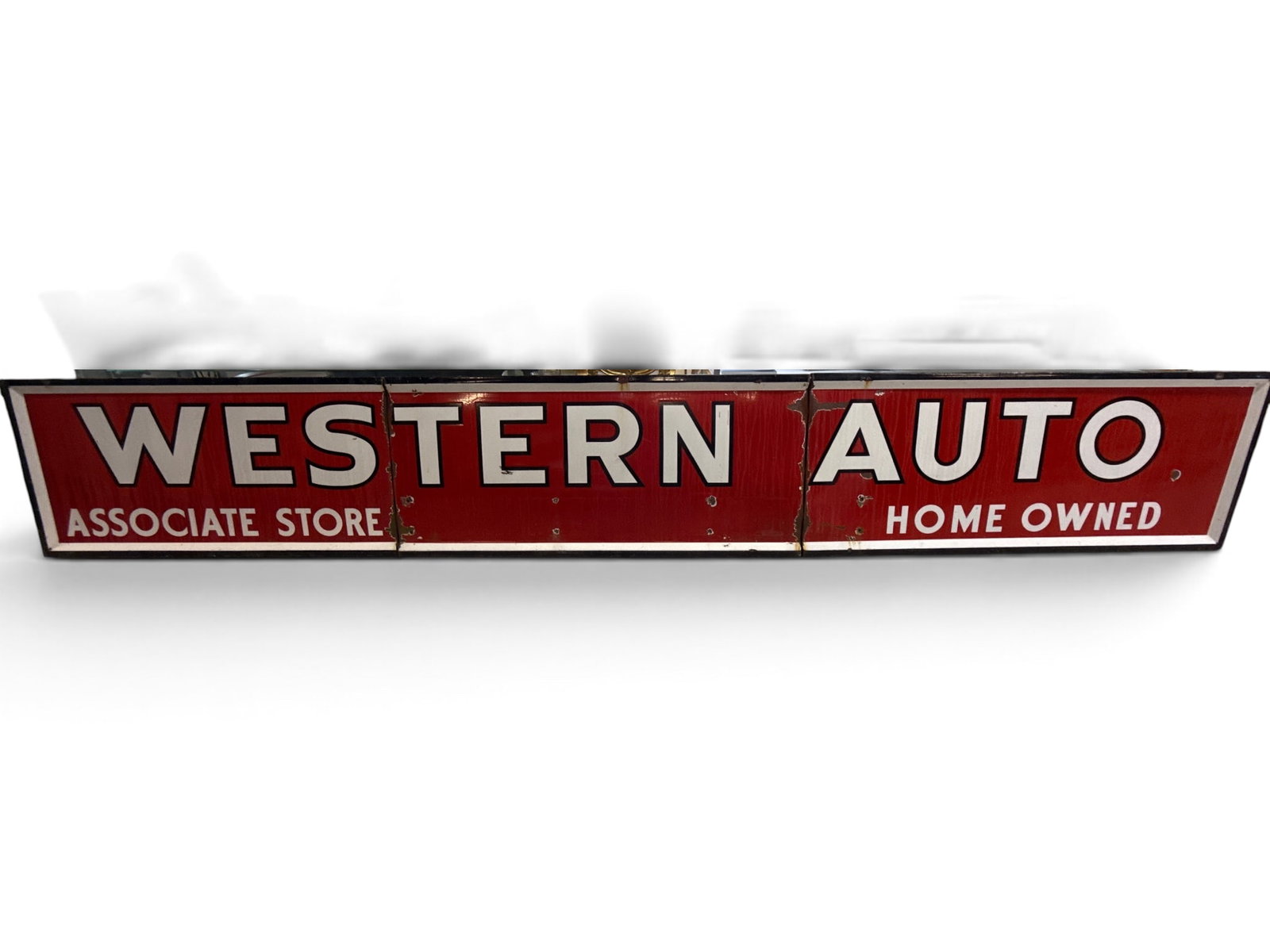 Western Auto Porcelain Three-Part Sign: A Western Auto Dealer three-part porcelain advertising sign. 28-1/4in tall x 15ft 7in wide. | You have additional shipping options, and are not required to use Live Shipping. Additional shipping and