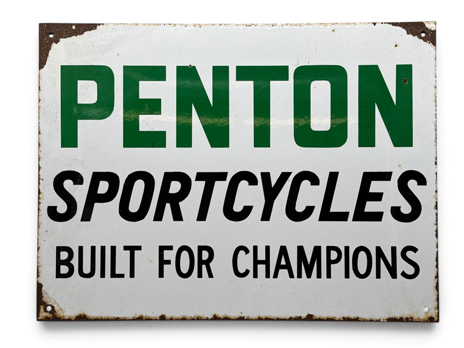Penton Sportcycles Double-Sided Porcelain Sign: A Penton Sportcycles porcelain enameled double-sided advertising sign. 18 in x 24 in. | You have additional shipping options, and are not required to use Live Shipping. Additional shipping and