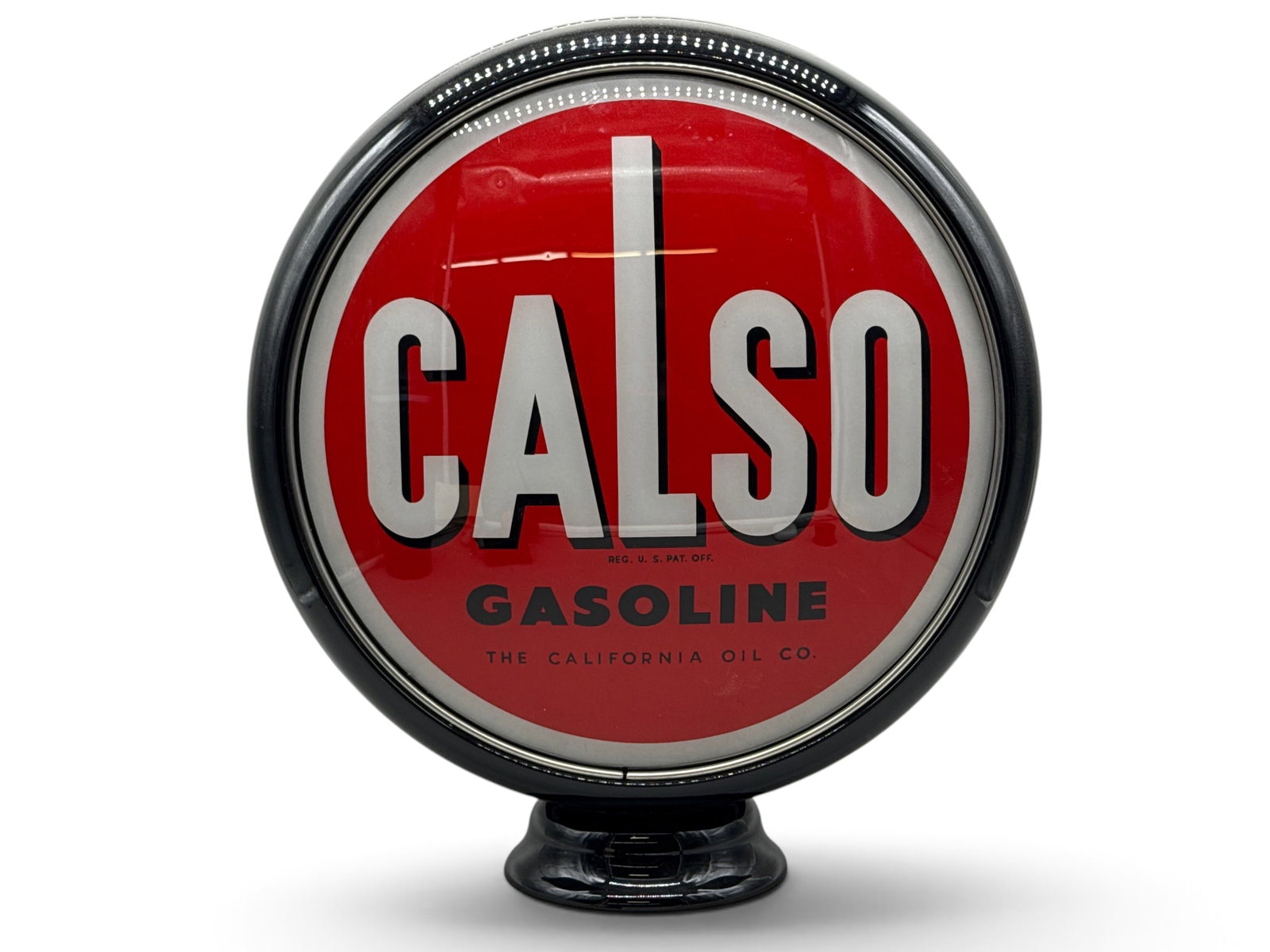 Calso Gasoline Pump Globe: A Calso Gasoline gas pump globe with two glass lenses and a metal body. 17-1/2in tall x 15-1/2in wide. | You have additional shipping options, and are not required to use Live Shipping. Additional shi