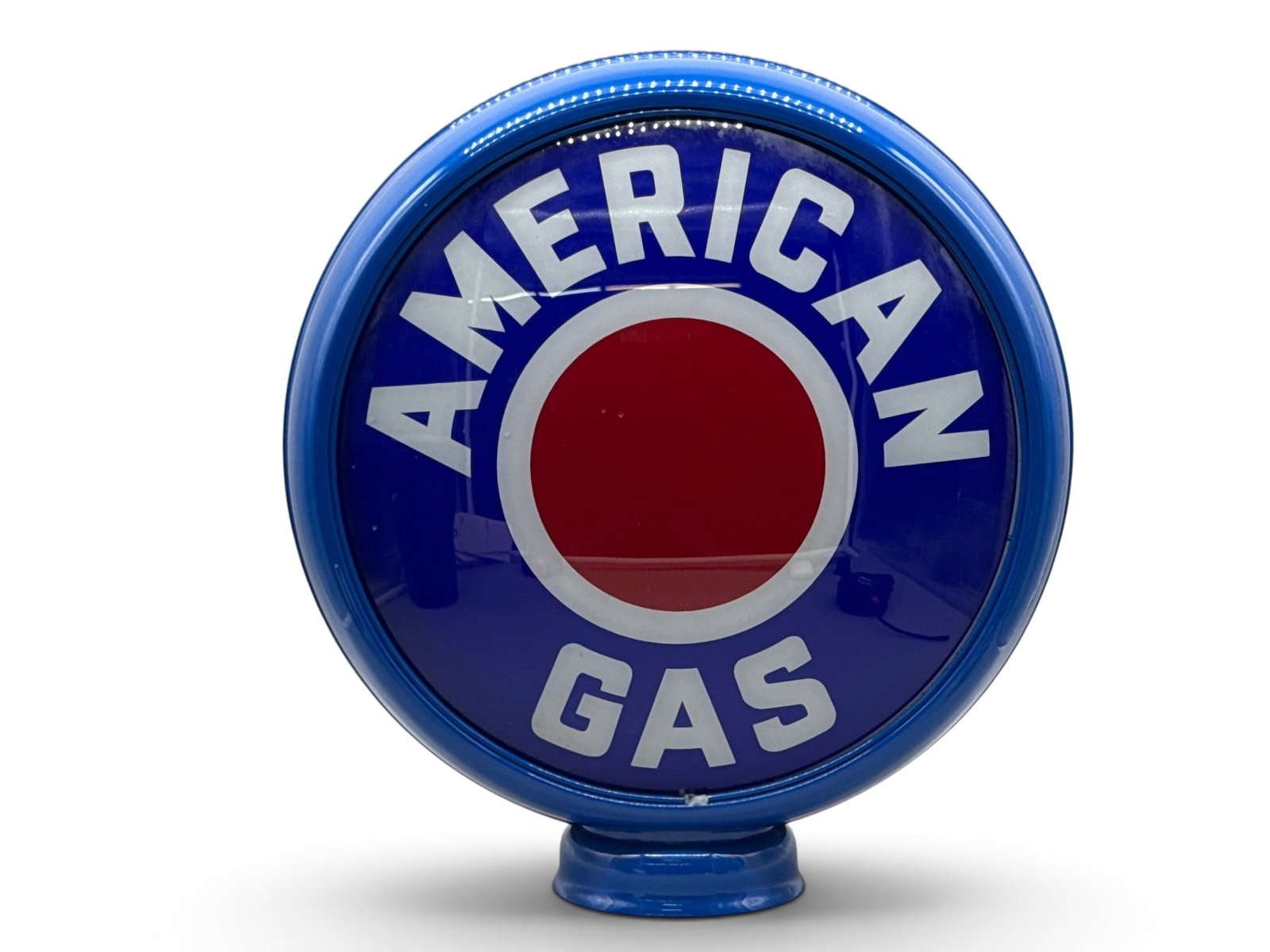 American Gas Pump Globe: An American Gas bullseye gas pump globe with two glass lenses and metal body. Approx. 19in tall x 17in wide. | You have additional shipping options, and are not required to use Live Shipping.