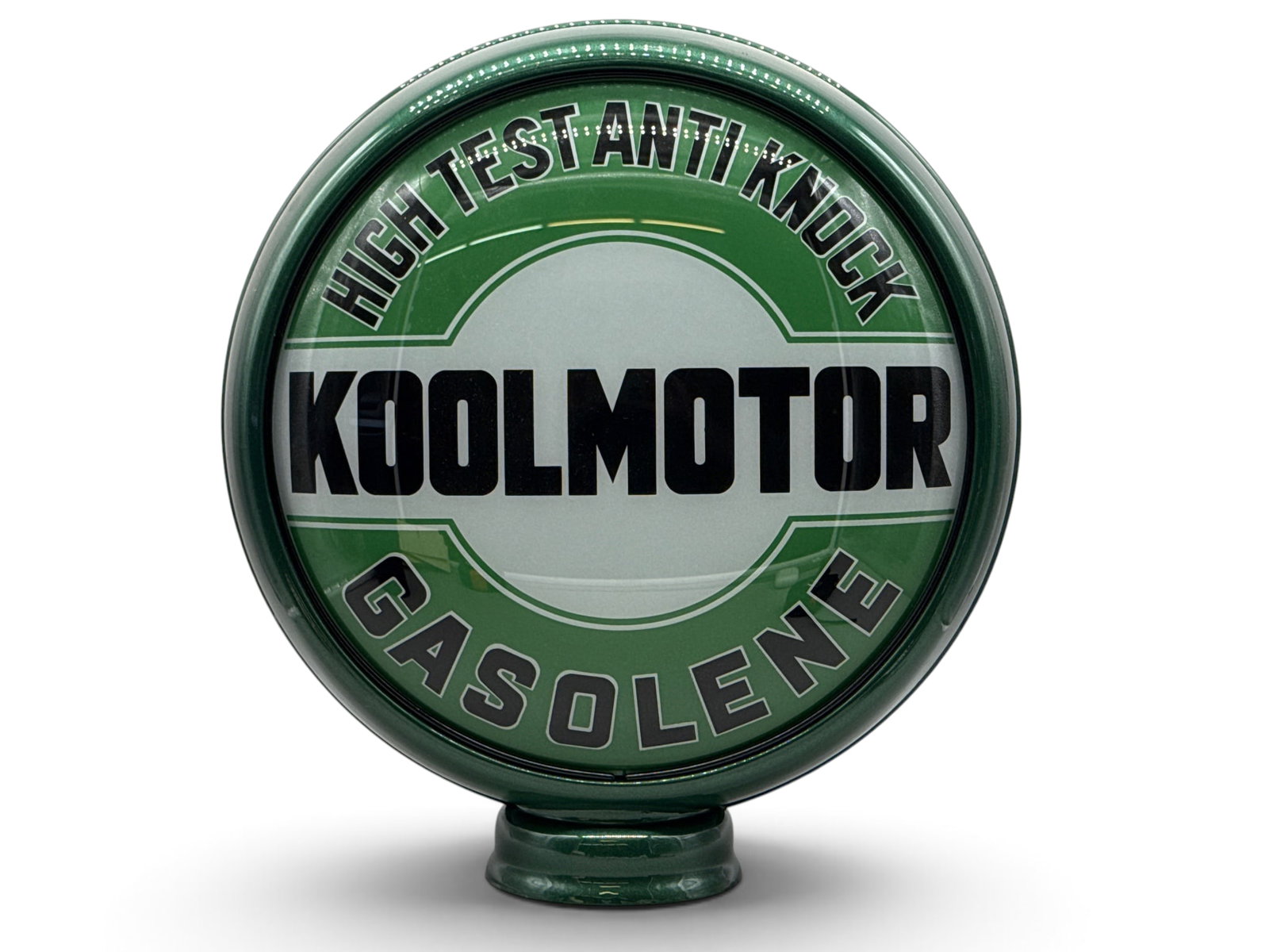 Koolmotor Gasolene Gas Pump Globe: A Koolmotor Gasolene gas pump globe with two glass lenses and a metal body. Approx. 19in x 17in. | You have additional shipping options, and are not required to use Live Shipping. Additional shipping