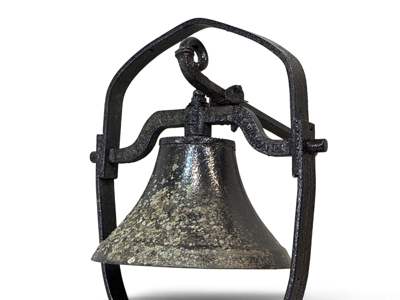 Lebanon, PA Cast Iron Farm Bell: A Lebanon, PA, cast iron farm bell, marked Eagle Bell Lebanon and PL Weimar. 43in tall x 25in wide. Bell: 17in diameter. | You have additional shipping options, and are not required to use Live