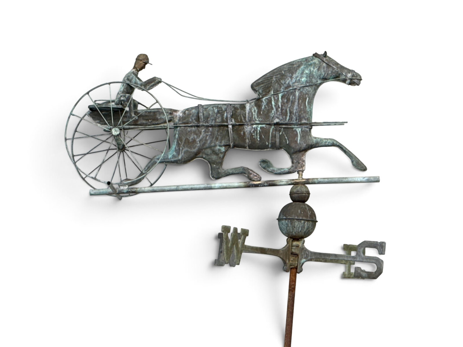 Copper Horse & Sulky Weathervane: A copper horse and sulky weathervane, with directionals and stand. 59in tall x 33in wide. | You have additional shipping options, and are not required to use Live Shipping. Additional shipping and del