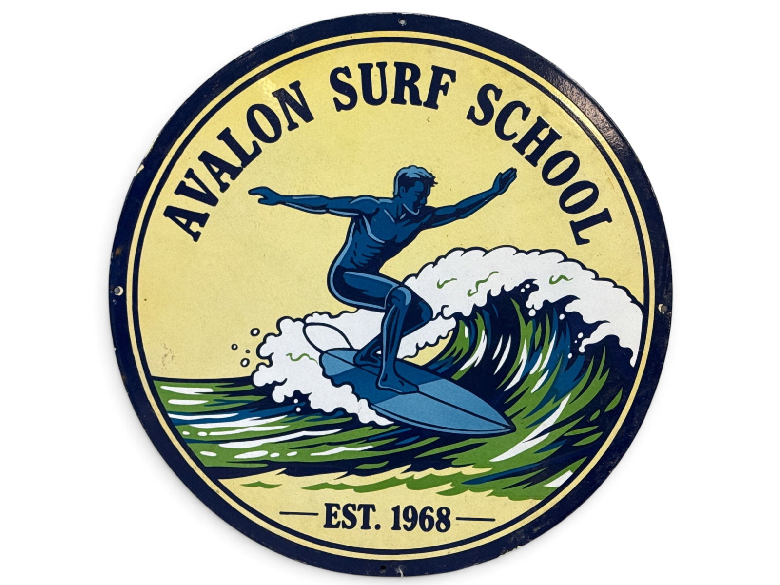 Avalon Surf School Porcelain Sign: A contemporary "Avalon Surf School" porcelain enameled sign. 30in diameter. | You have additional shipping options, and are not required to use Live Shipping. Additional shipping and delivery details 