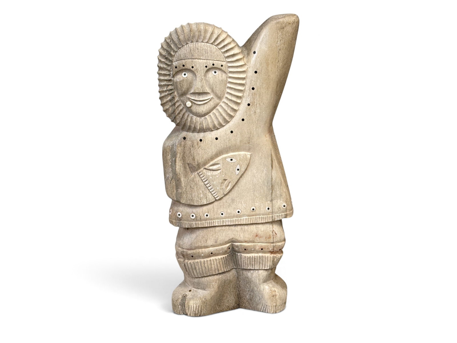 Large Inuit Carved Bone Figure: A large Inuit carved bone figure of a hunter. Unsigned. 29-1/2in tall x 12in wide. | You have additional shipping options, and are not required to use Live Shipping. Additional shipping and delivery d