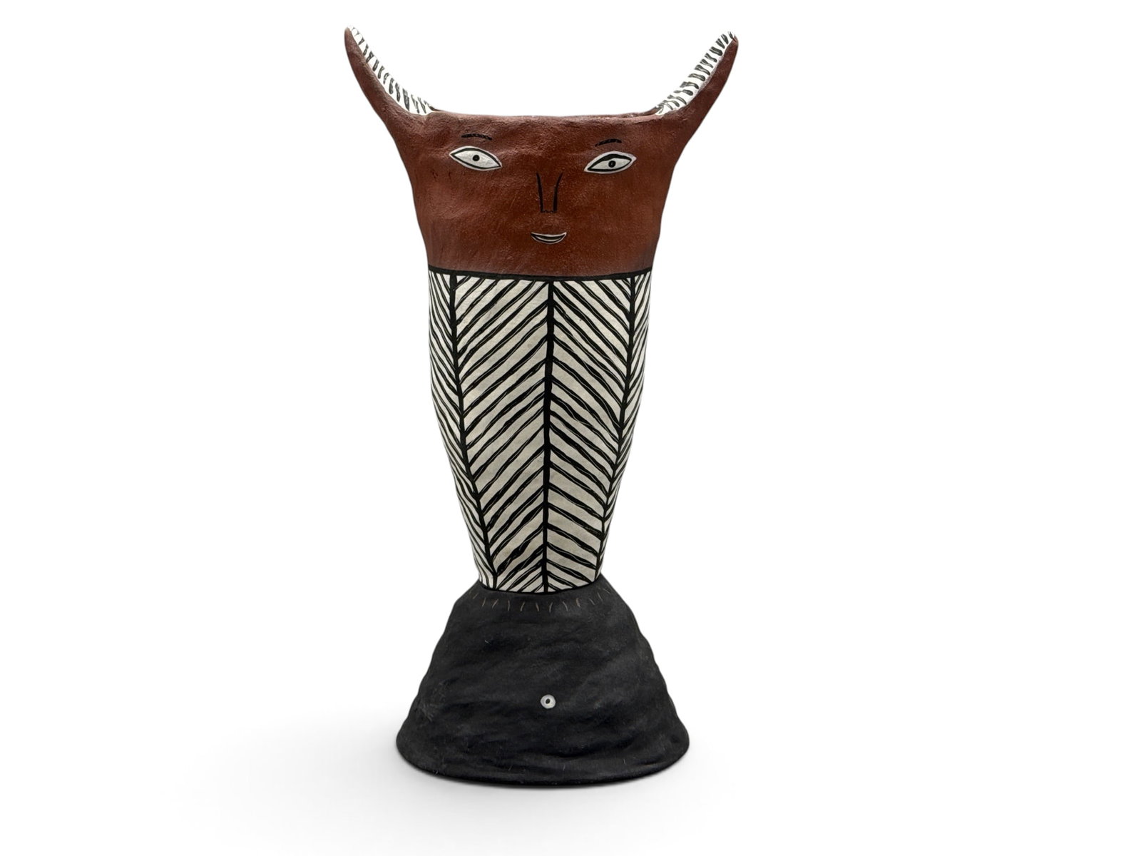 Jenny Mendes Earthenware Cat Vase: Jenny Mendes (American, 20th C.). A glazed earthenware figural vase with a cat head. Signed on underside and dated 1996. Provenance: The Works Gallery, 1996. 12-1/4in tall x 6-1/2in wide. | You have