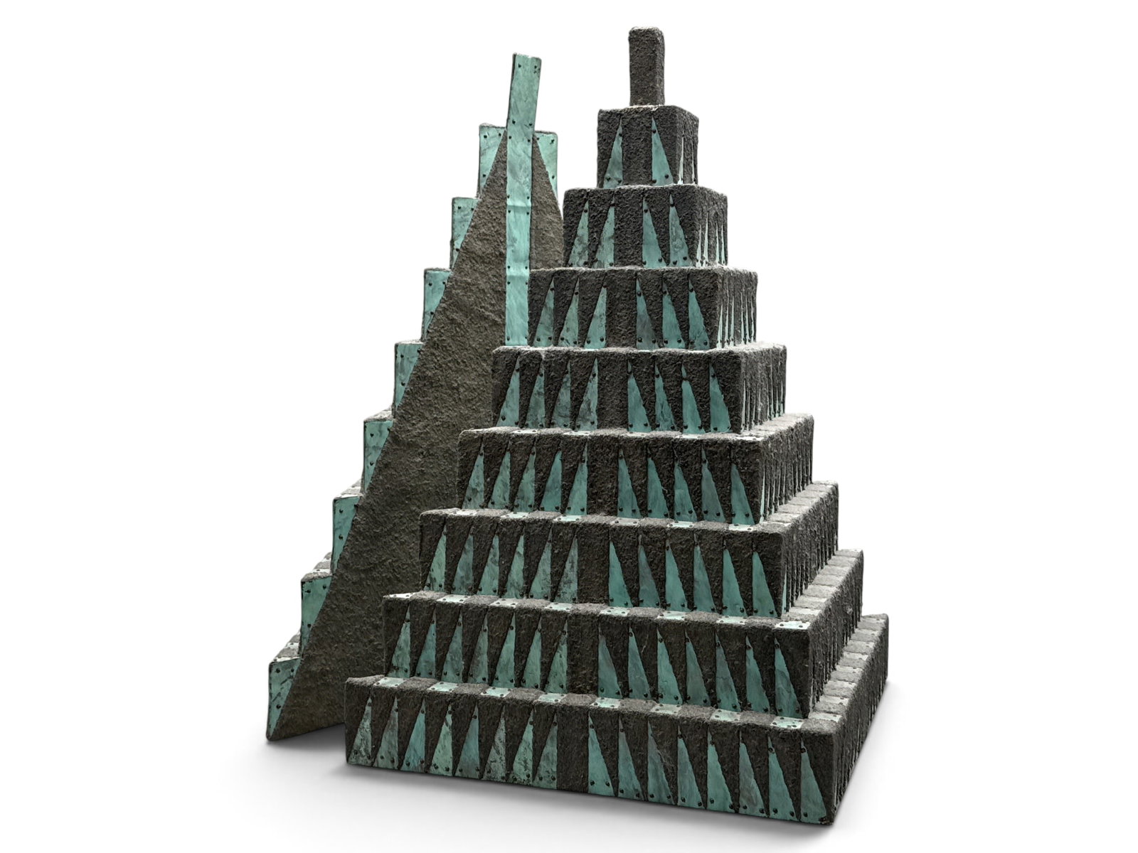 Debra Sachs Sculpture: Split Pyramid III: Debra Sachs (American, 20th C.). A two-part sculpture of polychrome sand and copper over wood titled "Split Pyramid III", 1989. Signed on underside. Each measures 19in tall x 17-1/4in wide x 8-5/8in