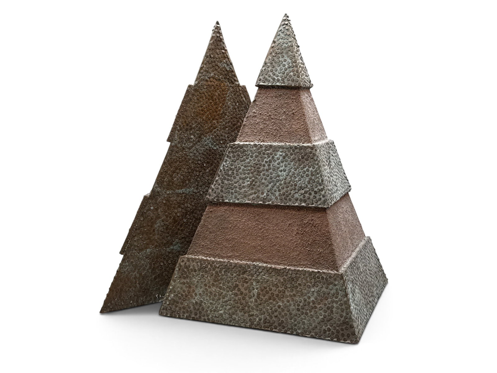 Debra Sachs Sculpture. Split Pyramid II: Debra Sachs (American, 20th C.). A two-part sculpture of polychrome sand and patinated copper over woods, titled "Split Pyramid II", 1989. Signed on underside. Each measures 20in tall x 21in wide x