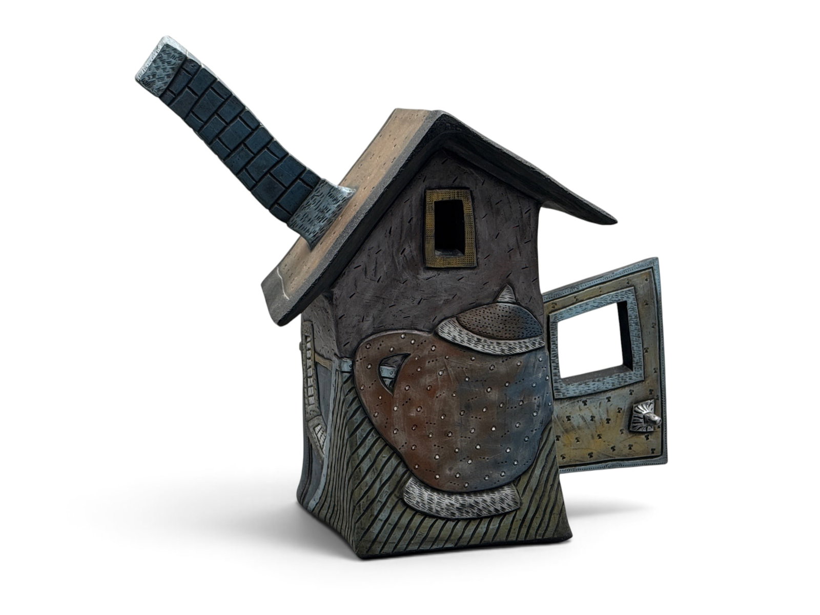 David Stabley Teapot: House: David Stanley (American, Contemporary). A glazed earthenware sculptural teapot in the form of a house. Signed and dated 1998. Provenance: Del Mano Gallery, Los Angeles CA. 12-3/4in tall x 12in wide x 
