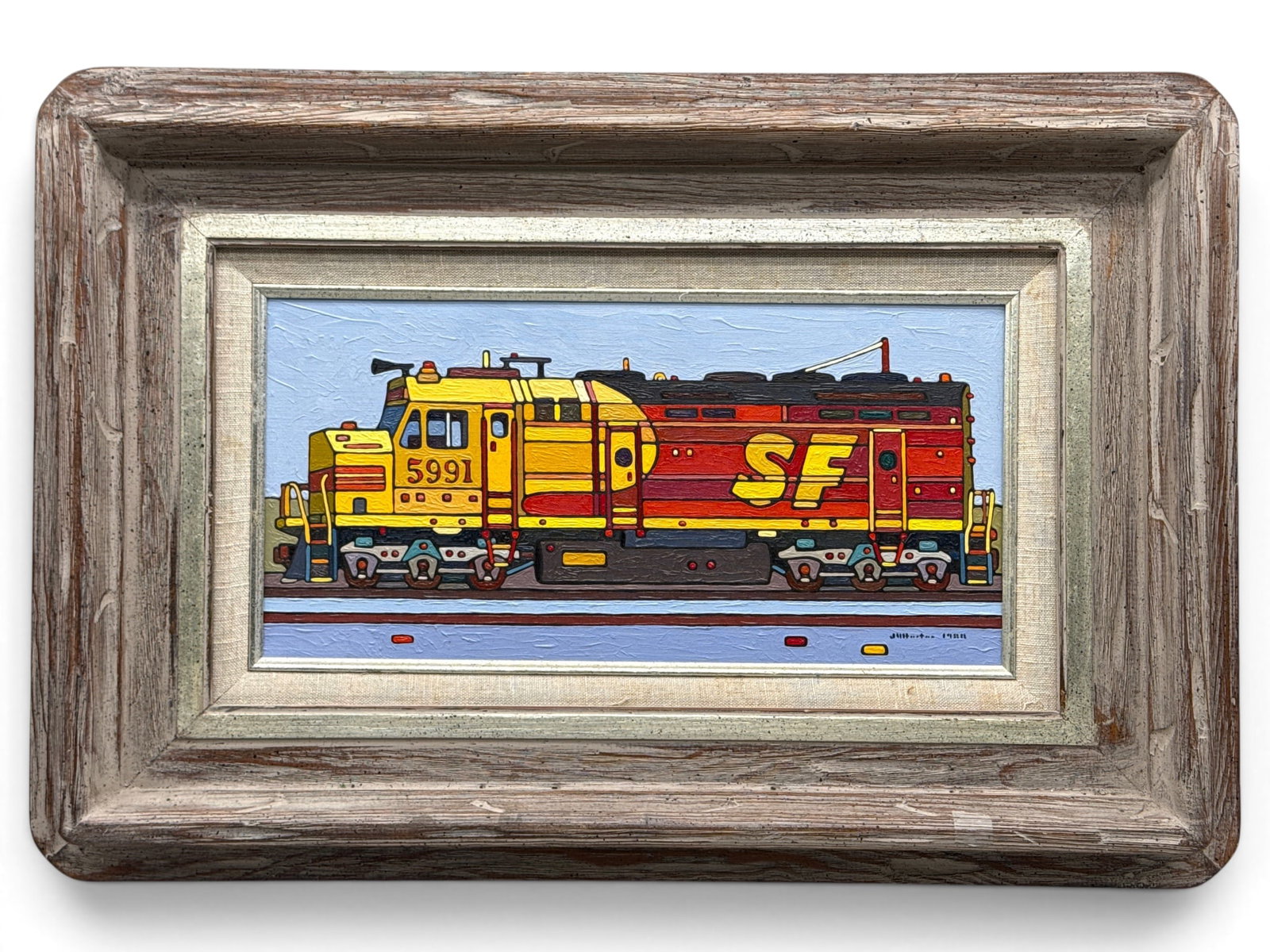 Joe Horton Oil/Canvas: Locomotive: Joe Horton (American, 20th C.). An oil on canvas depicting a Santa Fe locomotive. Signed. Canvas: 8in x 16in. Outside frame: 17in x 25in. | You have additional shipping options, and are not required t