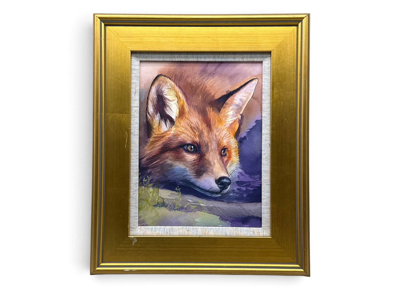Gilt-Framed Watercolor and Pastel: Fox: A gilt-framed watercolor and pastel on paper portrait of a fox. Outside frame: 18in x 15in. | You have additional shipping options, and are not required to use Live Shipping. Additional shipping and d