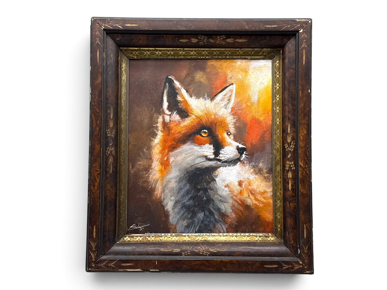 Victorian Framed Oil/Board: Fox: An oil on board portrait of a fox. Signed lower left and in a Victorian frame. Panel: 12in x 10in. Outside frame: 16-1/2in x 14-1/4in. | You have additional shipping options, and are not required to u