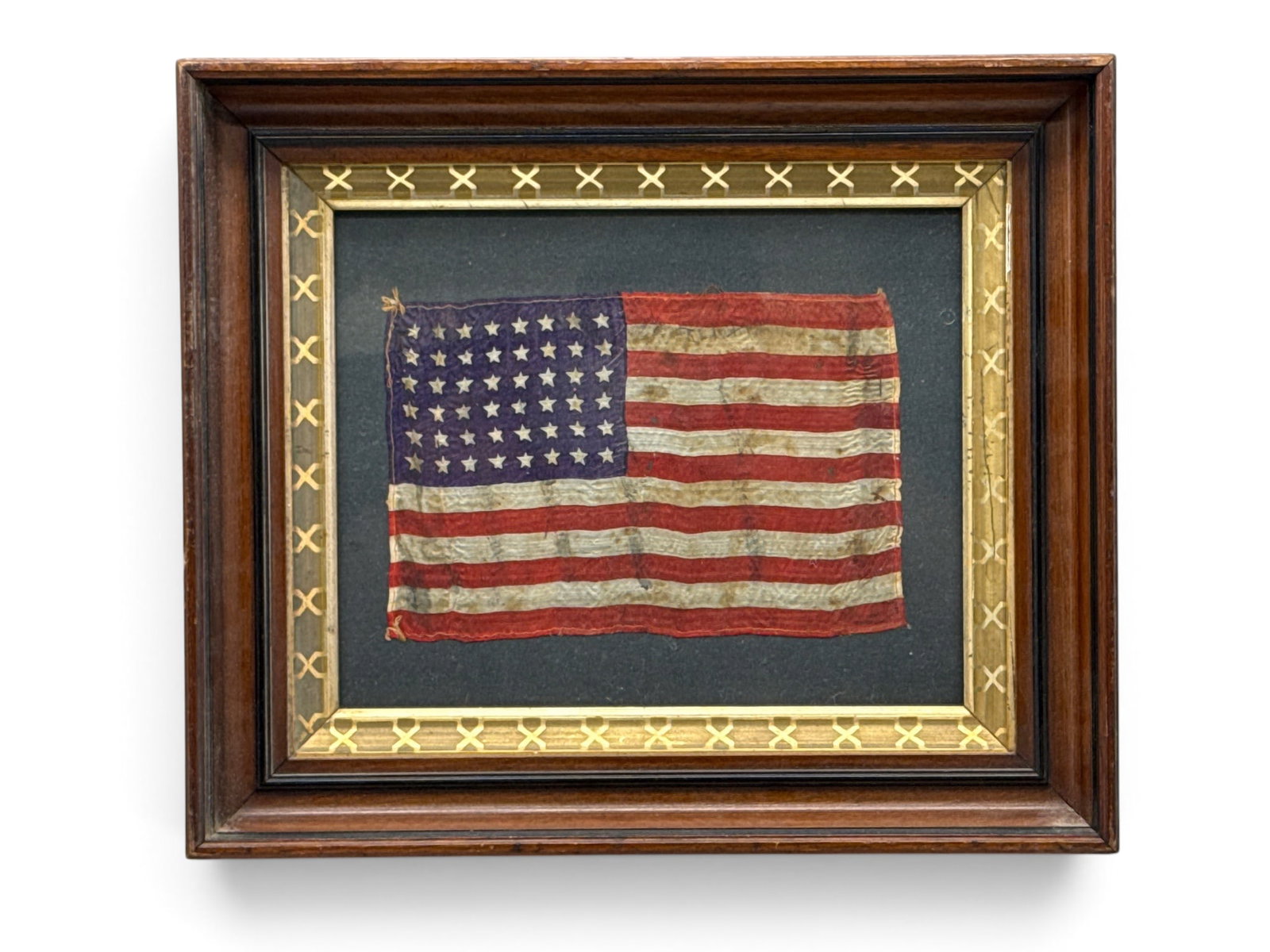 Victorian Framed 48-Star American Flag: A 48-star American flag in a Victorian frame under glass. Outside frame: 11-5/8in x 14-5/8in. | You have additional shipping options, and are not required to use Live Shipping. Additional shipping and