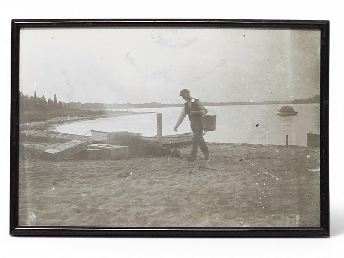 Attrib. Boulton/Eakins Silver Gelatin: Manasquan: An attributed to Boulton/Eakins silver gelatin print from original glass negative depicting the Manasquan shoreline and fisherman. Attributed verso. Frame: 8-1/2in x 12in. | You have additional shippi