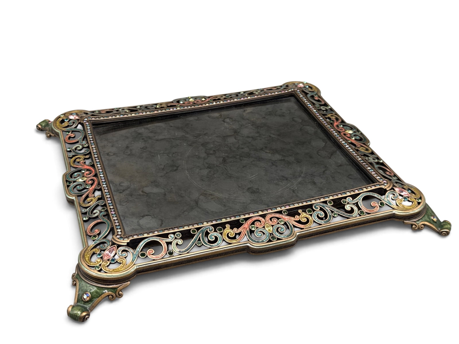 Jay Strongwater Mirrored and Enameled Plateau: A Jay Strongwater enameled plateau with inset jeweled and mirrored surface. Marked Jay Strongwater underneath. 1in tall x 13in wide. | You have additional shipping options, and are not required to use