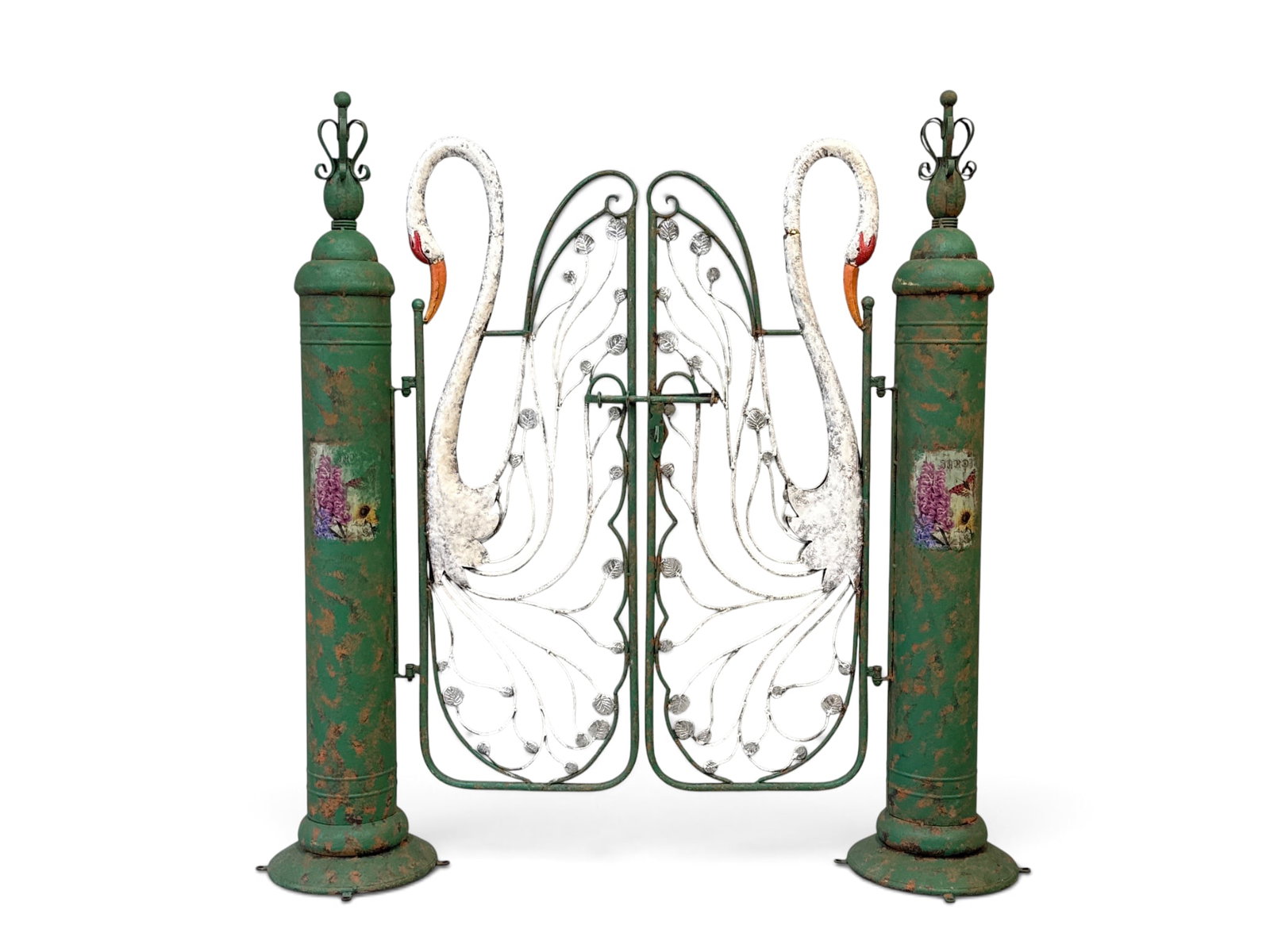 Pair of Whimsical Hand-Painted Swan Garden Gates: A pair of whimsical cast-metal garden gates featuring figural swans flanking the lock. Contemporary, attributed to Design Toscano. 54-1/2in tall x 47in wide. | You have additional shipping options, an