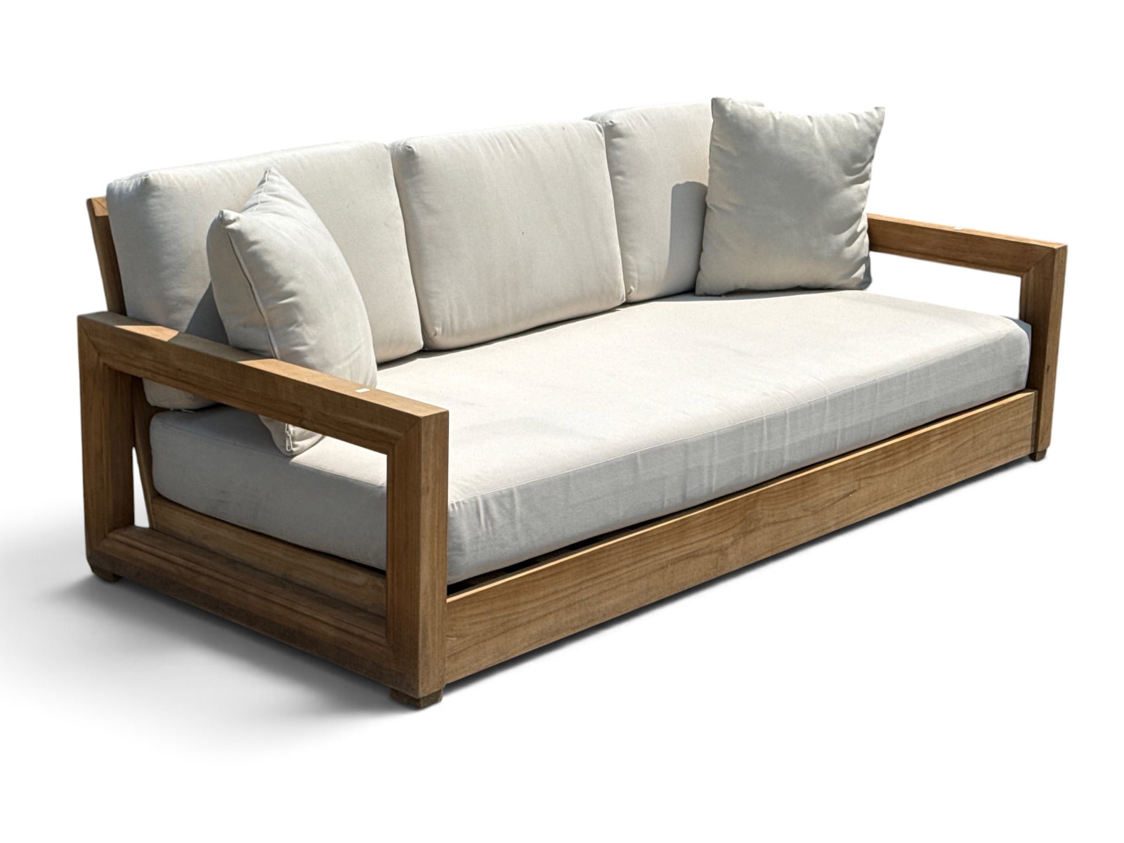 Safavieh Teak Lounge Sofa: A Safavieh teak-framed patio sofa with cushions. 28in tall x 77in wide x 36in deep. | You have additional shipping options, and are not required to use Live Shipping. Additional shipping and delivery 