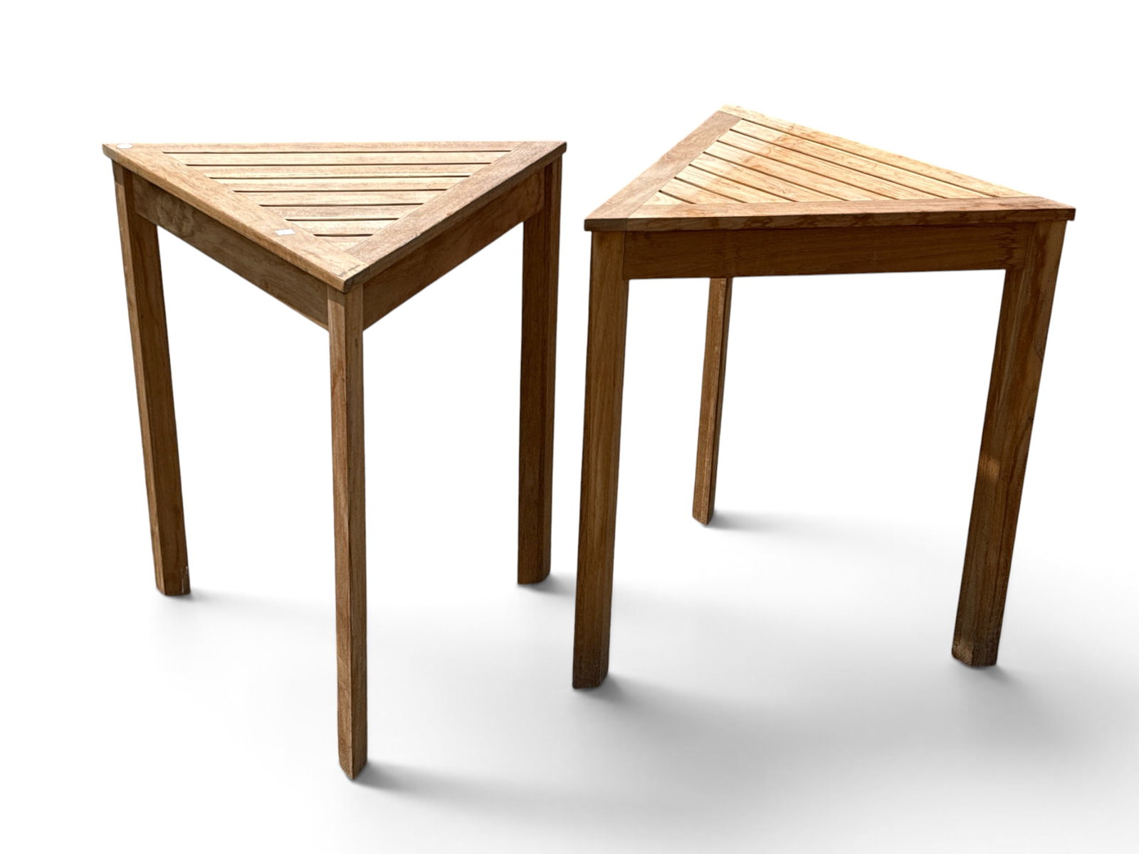 Pair of Triangular Teak Slatted Occasional Tables (1 of 3)