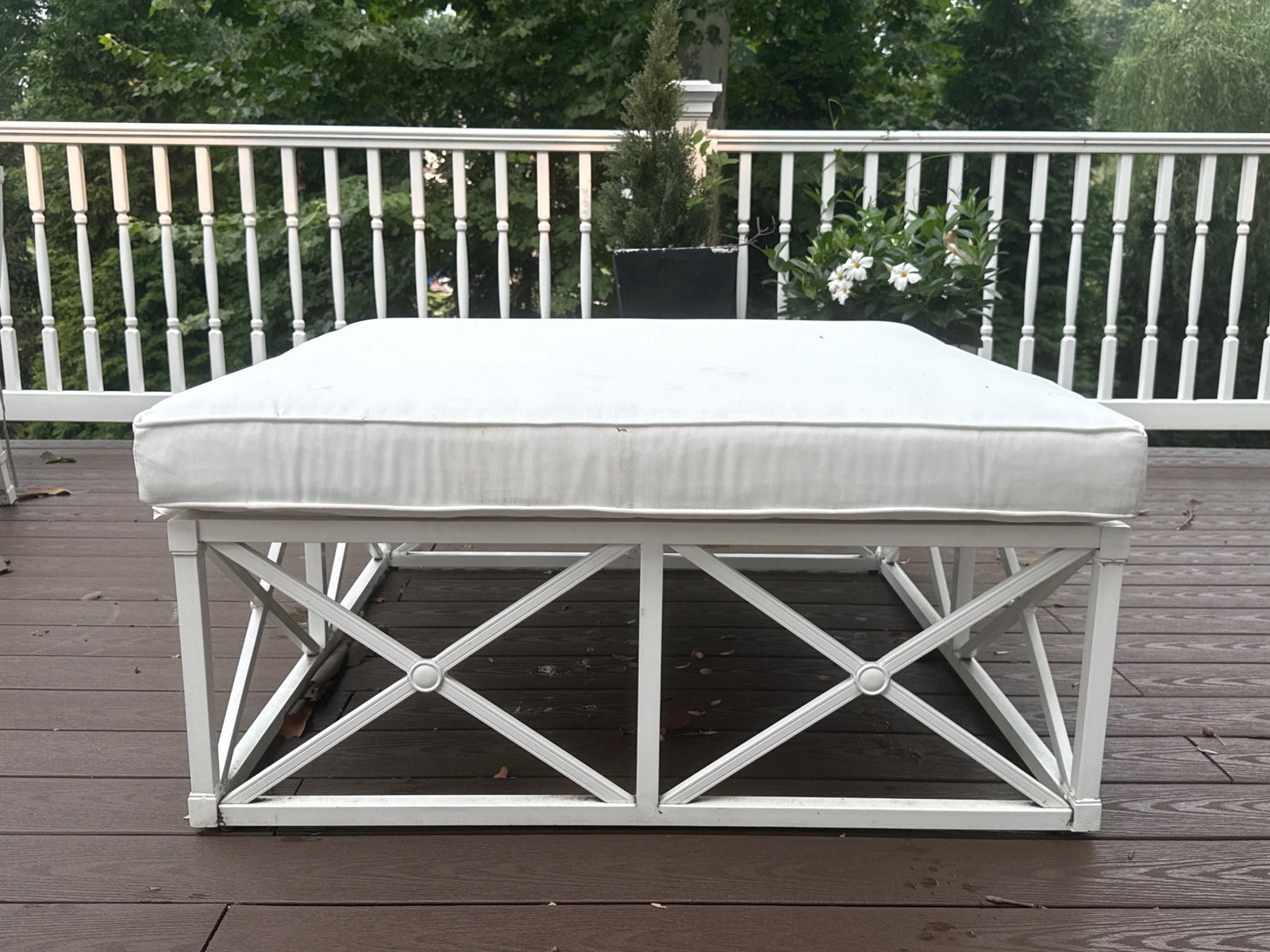 Decorator Aluminum Outdoor X-Base Ottoman: A decorator outdoor ottoman in coated aluminum with cushion on an X-form base. 20in tall x 42-1/2in wide x 42-1/2in deep. | You have additional shipping options, and are not required to use Live Shipp