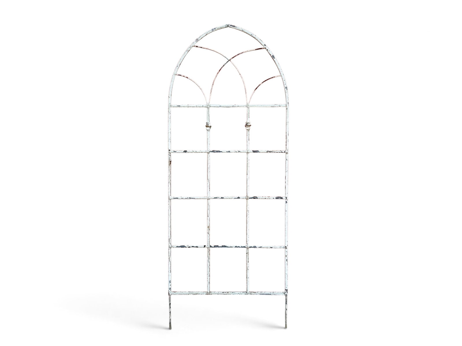 White Painted Metal Arch-Top Garden Trellis: A white-painted metal architectural-form garden trellis. 60in tall x 24in wide. | You have additional shipping options, and are not required to use Live Shipping. Additional shipping and delivery deta