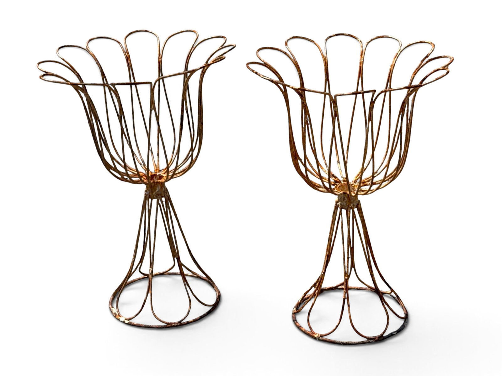 Pair of Iron Garden Planter Stands: A pair of wrought iron garden planter stands. 28in tall x 20in wide. | You have additional shipping options, and are not required to use Live Shipping. Additional shipping and delivery details are ava