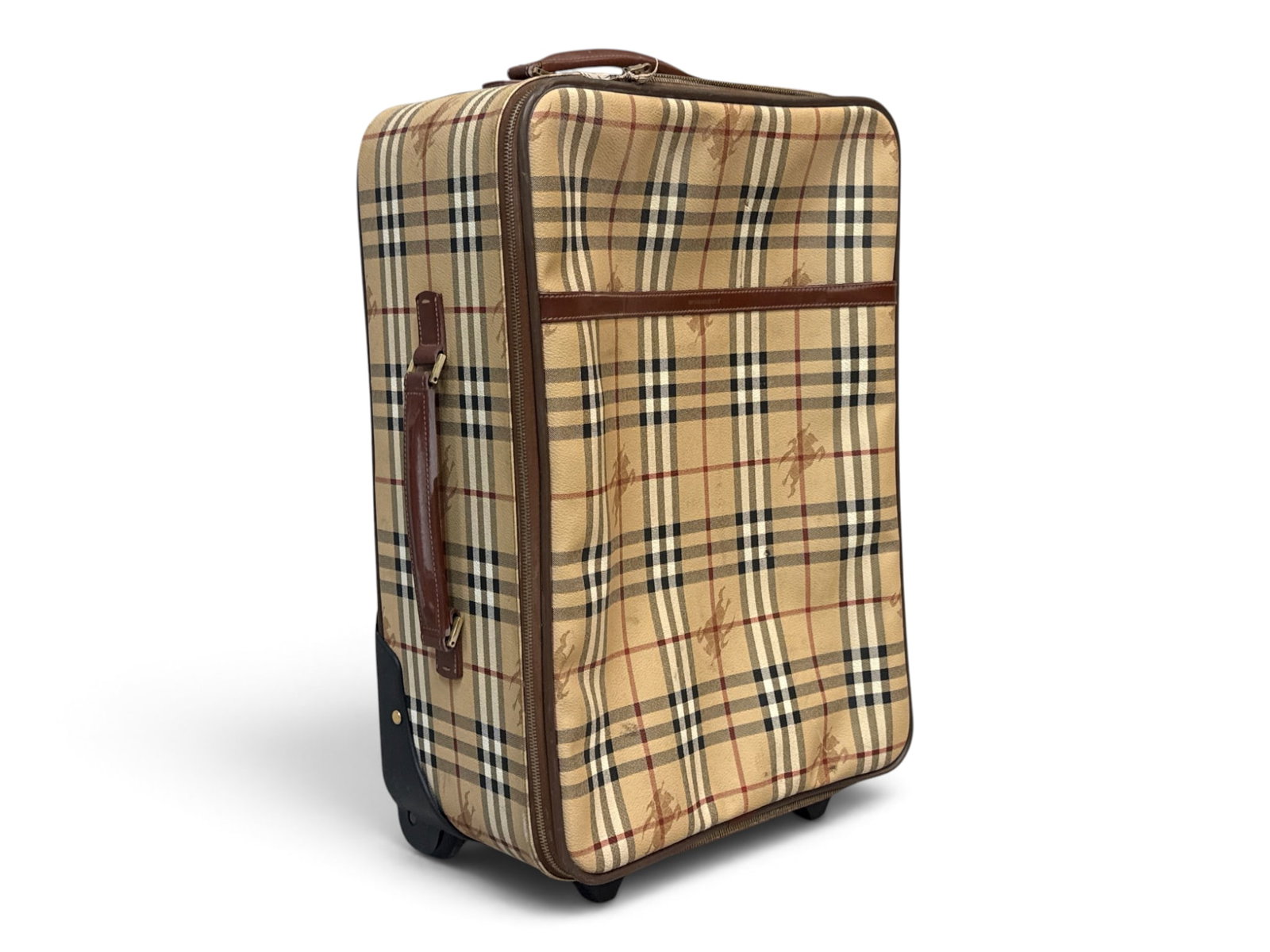 Burberry Haymarket Check Rolling Suitcase: A Burberry Haymarket Check rolling suitcase with leather handles and branded hardware and interior. Burberry tag in interior. 22in tall x 12-1/2in wide. | You have additional shipping options, and are