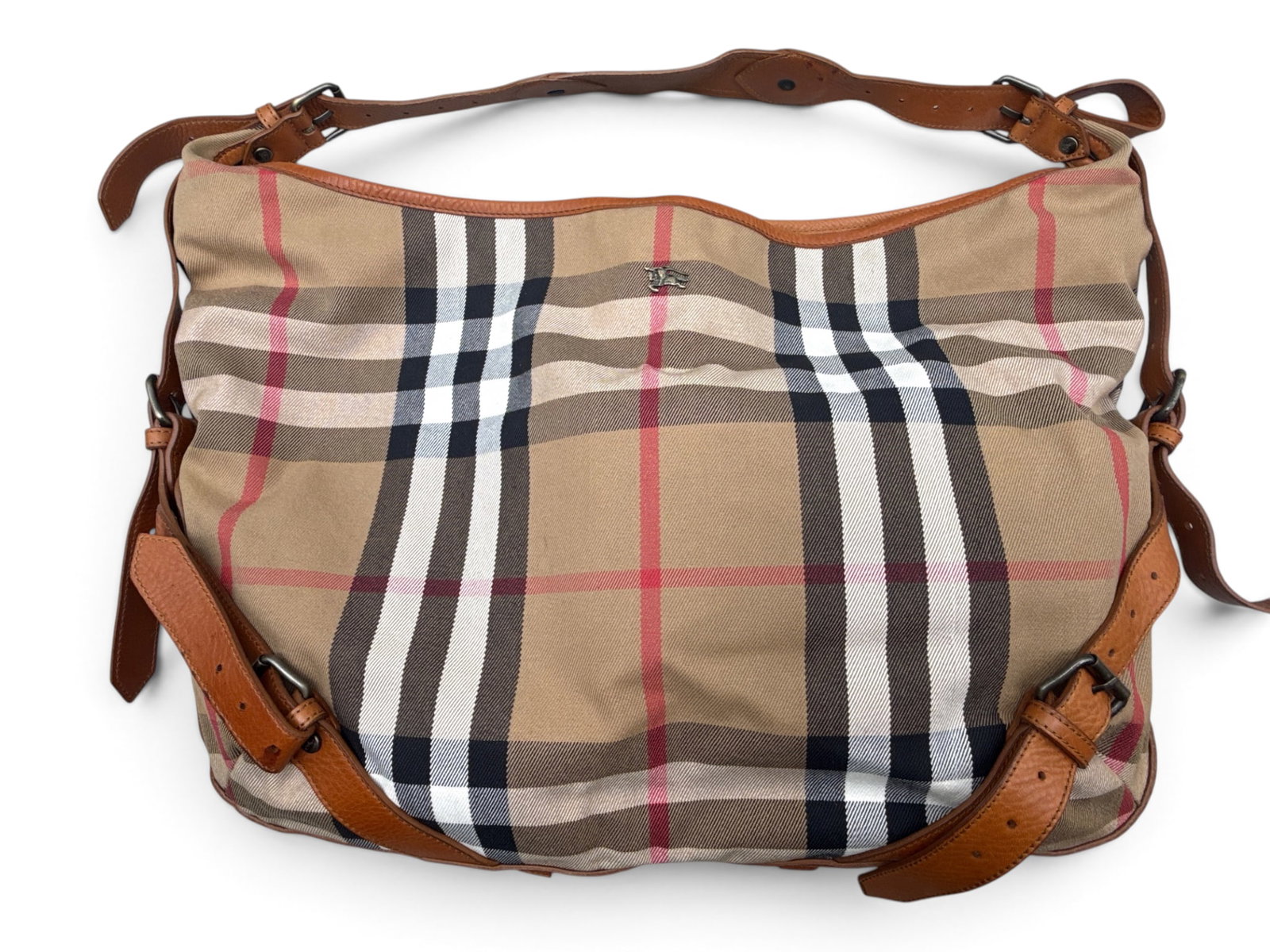 Burberry Prorsum Check Canvas Shoulder Bag: A Burberry Prorsum check canvas shoulder bag with leather strap accent, Burberry logo hardware, and wide leather shoulder strap. Interior has Burberry Prorsum tag. 13in tall x 20in wide. | You have ad
