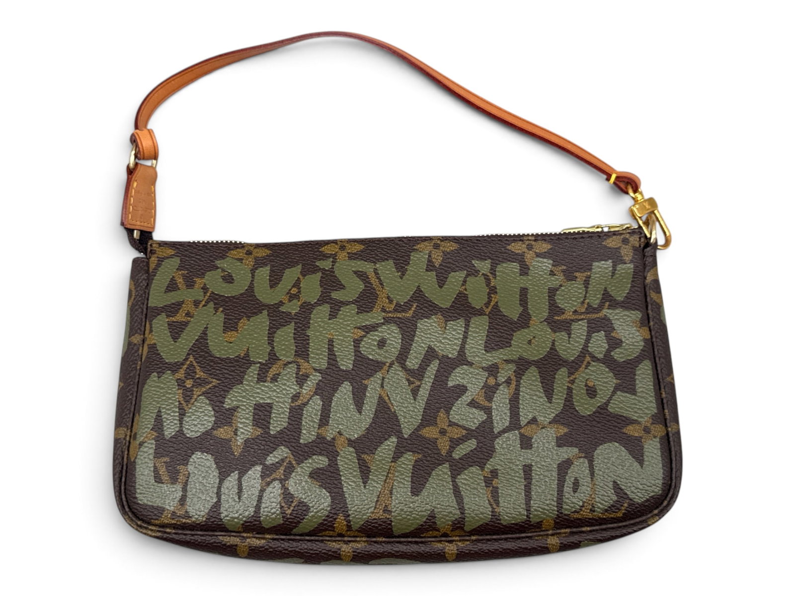 Louis Vuitton Stephen Sprouse Monogram Graffiti Pochette: A Louis Vuitton x Stephen Sprouse Monogram Graffiti Pochette of coated fabric with monogram motif and graffiti overlay, leather trim, and monogrammed hardware. Includes serial number tag on interior, 