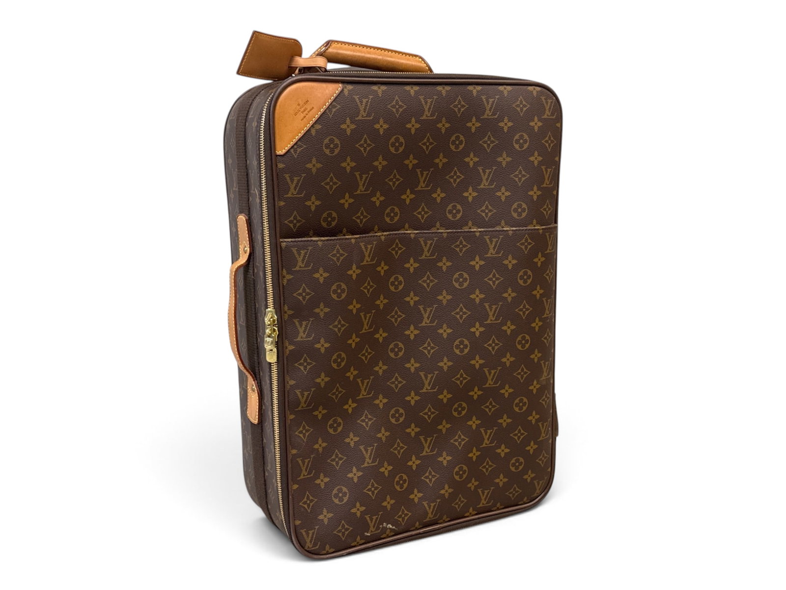 Louis Vuitton Pegase Rolling Suitcase: A Louis Vuitton Pegase rolling suitcase with waxed canvas monogram, leather trim, monogrammed hardware, and clean cotton interior. Marked Louis Vuitton Paris, made in France. 21-1/2in tall x 15in wide