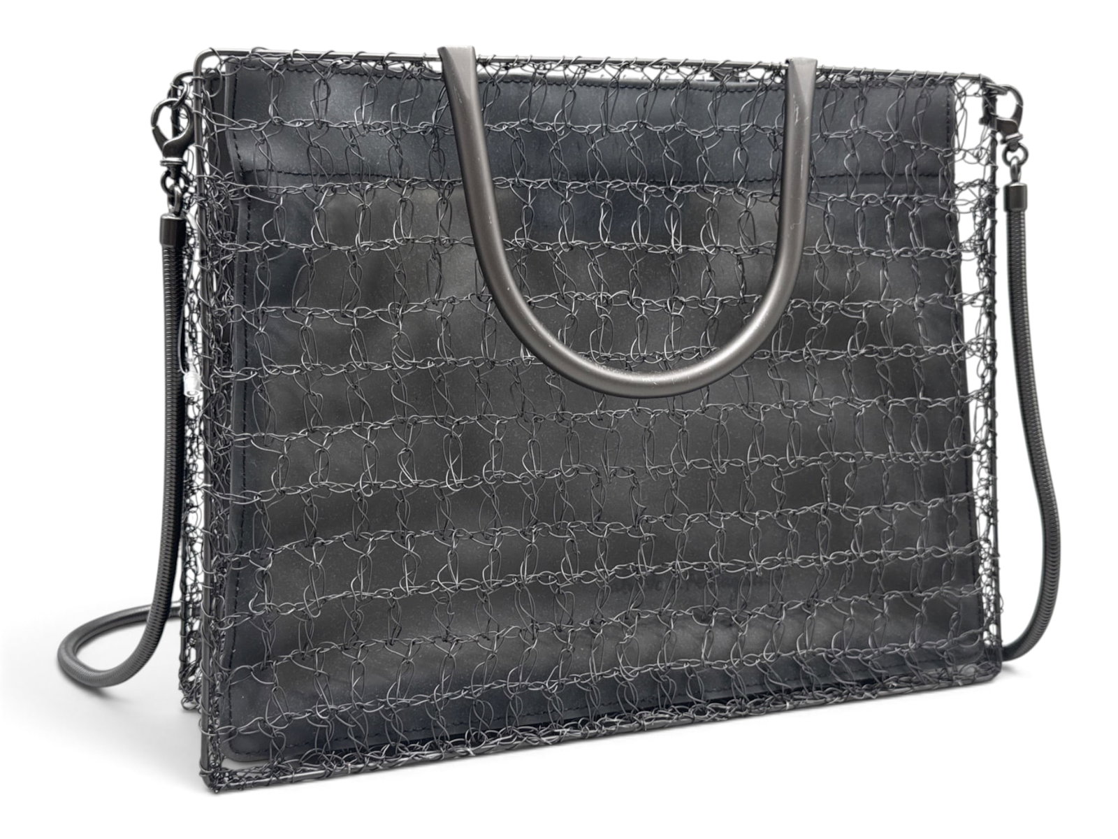 Salvatore Ferragamo Looped Wire Shoulder Purse: A Salvatore Ferragamo looped wire shoulder purse with matte gunmetal handles, Ferragamo logo metal keychain, detachable shoulder strap, and PVC-lined interior. Includes original tags. 8-1/2in tall x 1