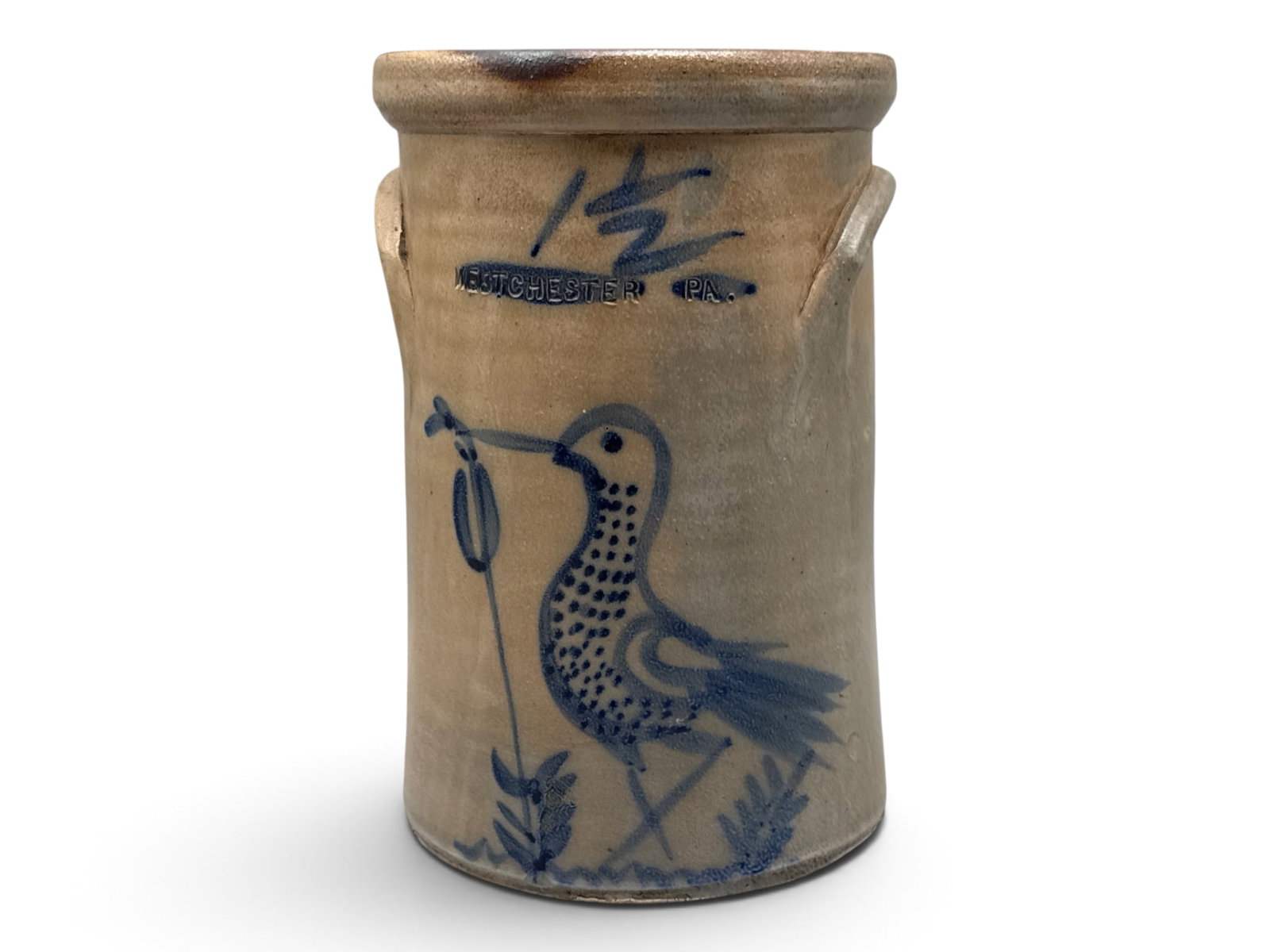 1-1/2 Gallon Pennsylvania Stoneware Crock: A 1-1/2 gallon stoneware handled crock with bird and flower blue slip decoration. Impressed West Chester, PA. 11in tall x 8in wide. | You have additional shipping options, and are not required to use