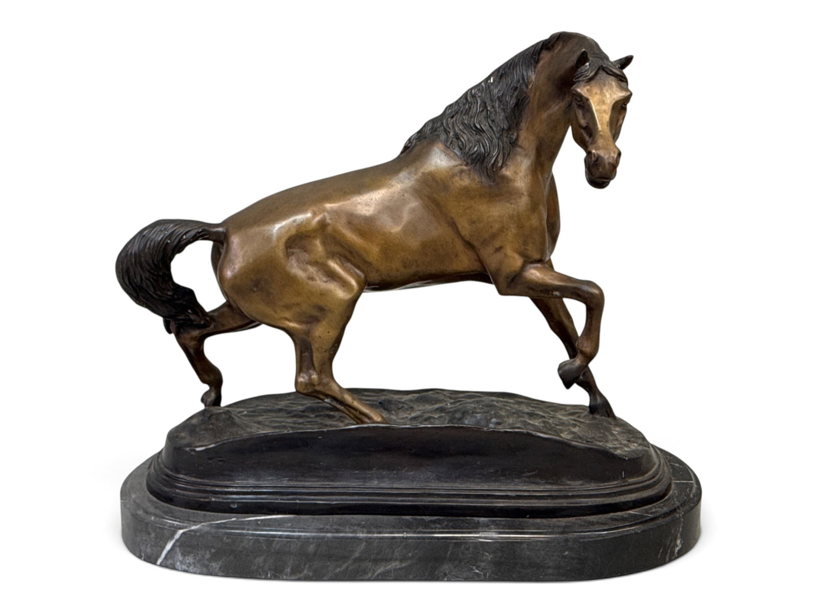After Pierre-Jules Mene Bronze Sculpture: Horse: An After Pierre-Jules Monet bronze sculpture of a horse, on a marble base. Cast signature. 16in tall x 19in wide x 10-1/2in deep. | You have additional shipping options, and are not required to use