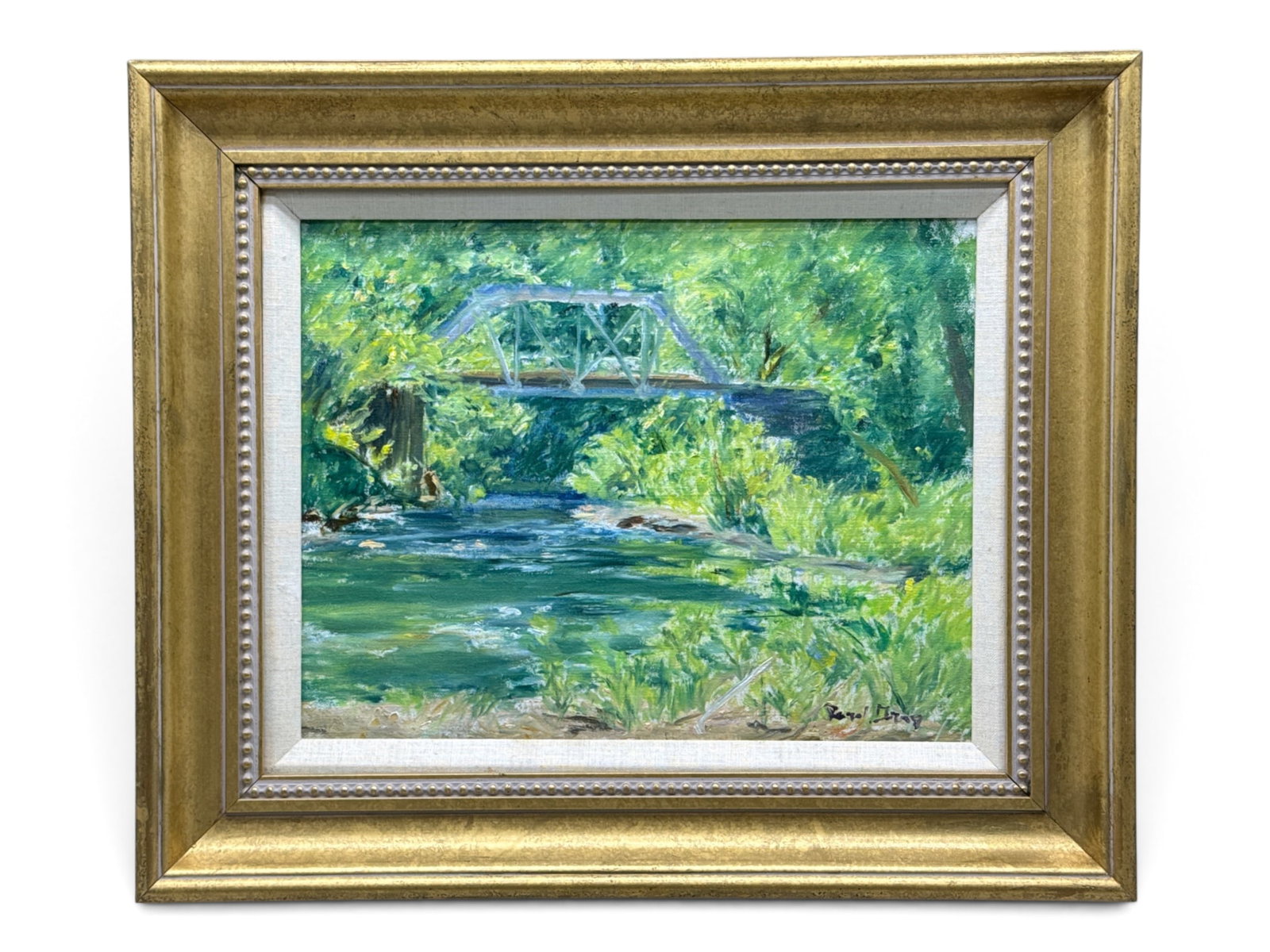 Carol Gray Oil/Canvas: Bridge Over the Brandywine: Carol Gray (American, 20th C.). An oil on canvas landscape, titled "Bridge over the Brandywine". Signed lower right. Canvas: 11in x 14in. Outside frame: 16-1/2in x 19-1/2in. | You have additional