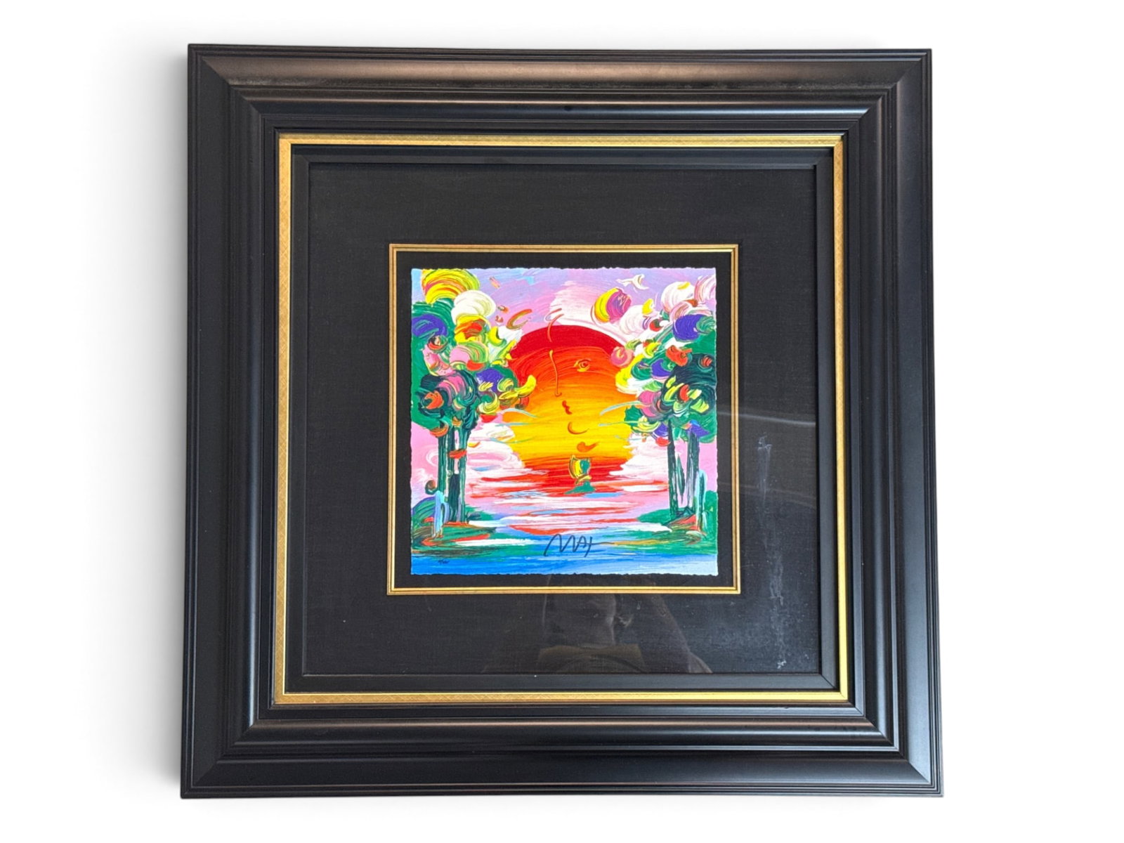Peter Max Acrylic/Paper: Sunset: Peter Max (American, b. 1937). An acrylic on paper depicting a sunset. Signed. Frame: 27in x 26in. | You have additional shipping options, and are not required to use Live Shipping. Additional shippin
