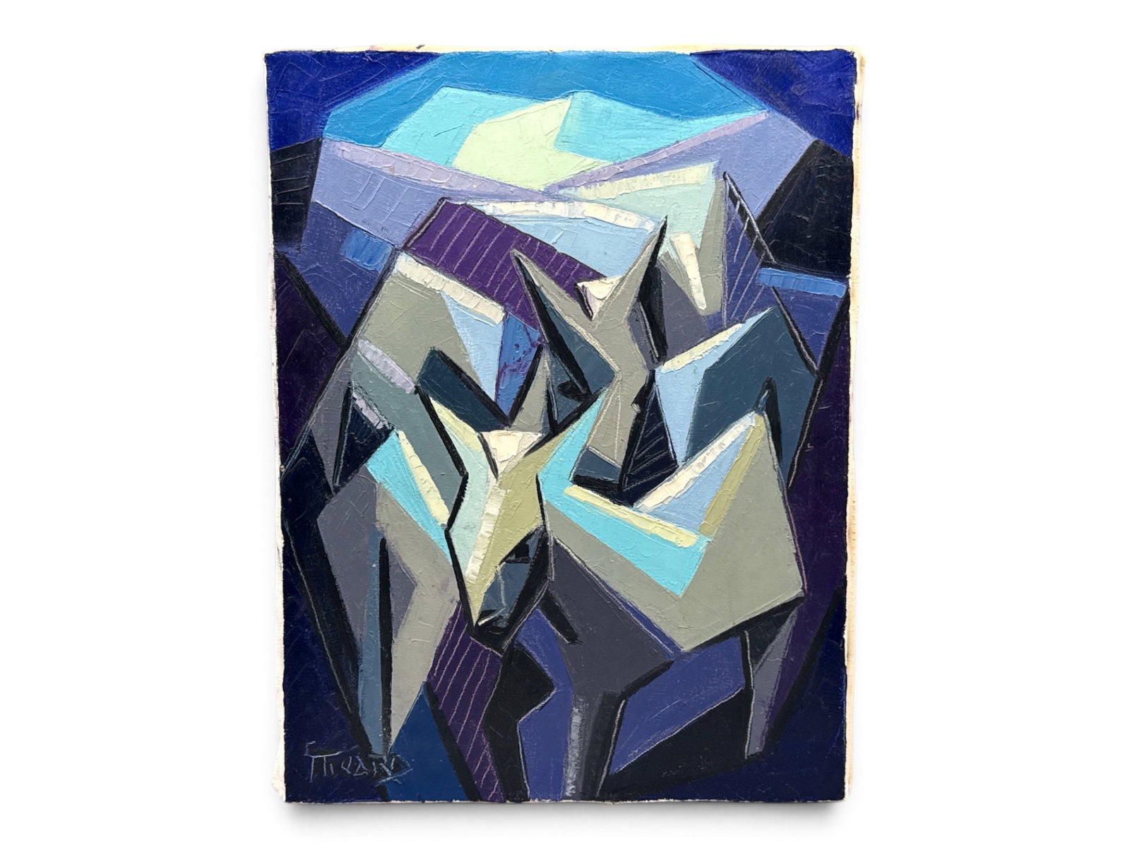 Carol Theard Oil/Canvas: Les Ames: Carol Theard (Haitian, 1946-1994). A modernist oil on canvas with colorful, abstracted motif. Signed lower left; titled "Les Ames" verso. 16in x 12in. | You have additional shipping options, and are