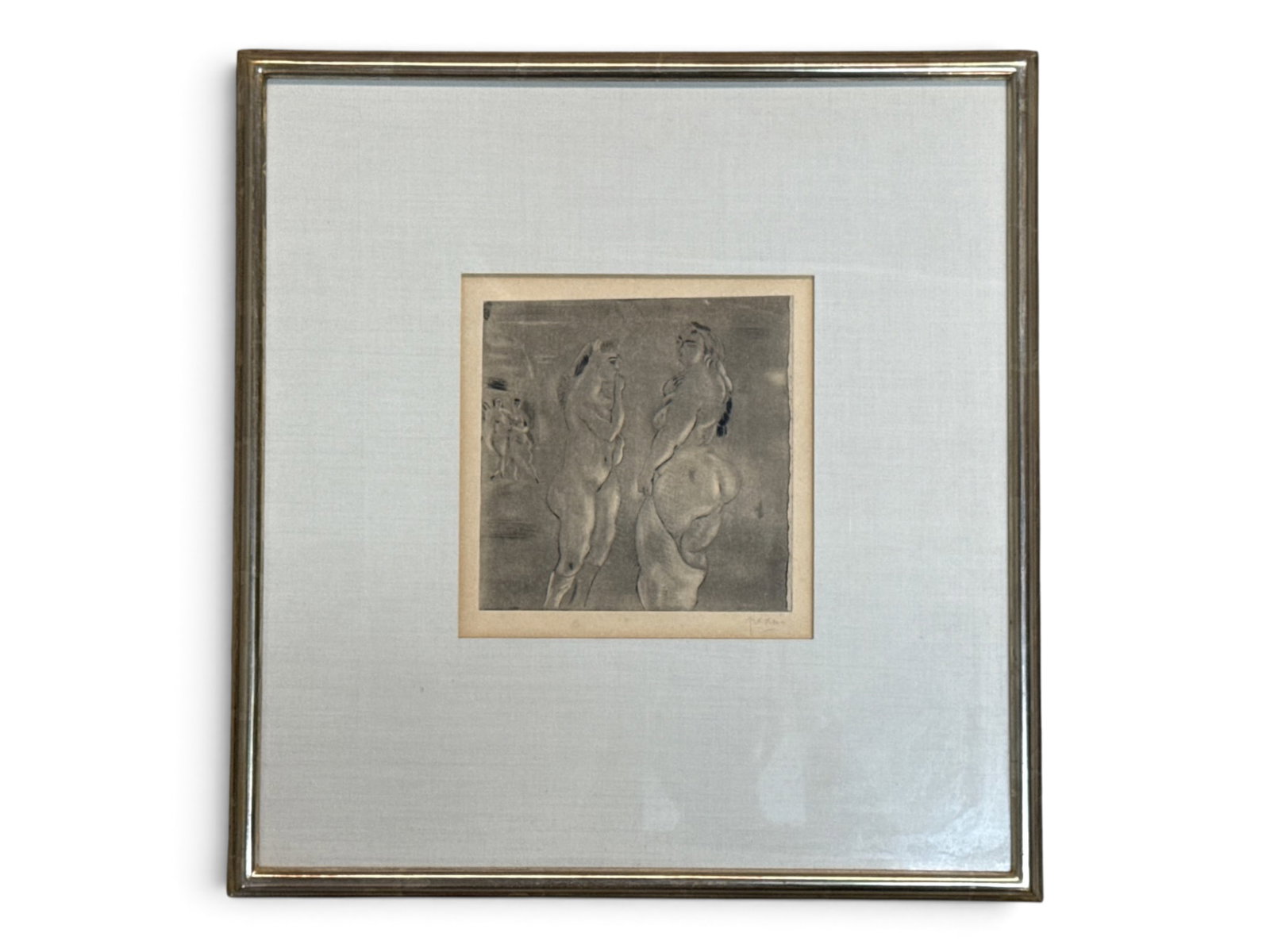 Jules Pascin Etching: Compassion: Jules Pascin (French, 1885-1930). A black and white etching titled "Compassion", featuring figural nudes. Pencil signed lower right. Frame: 19in x 18in. | You have additional shipping options, and are