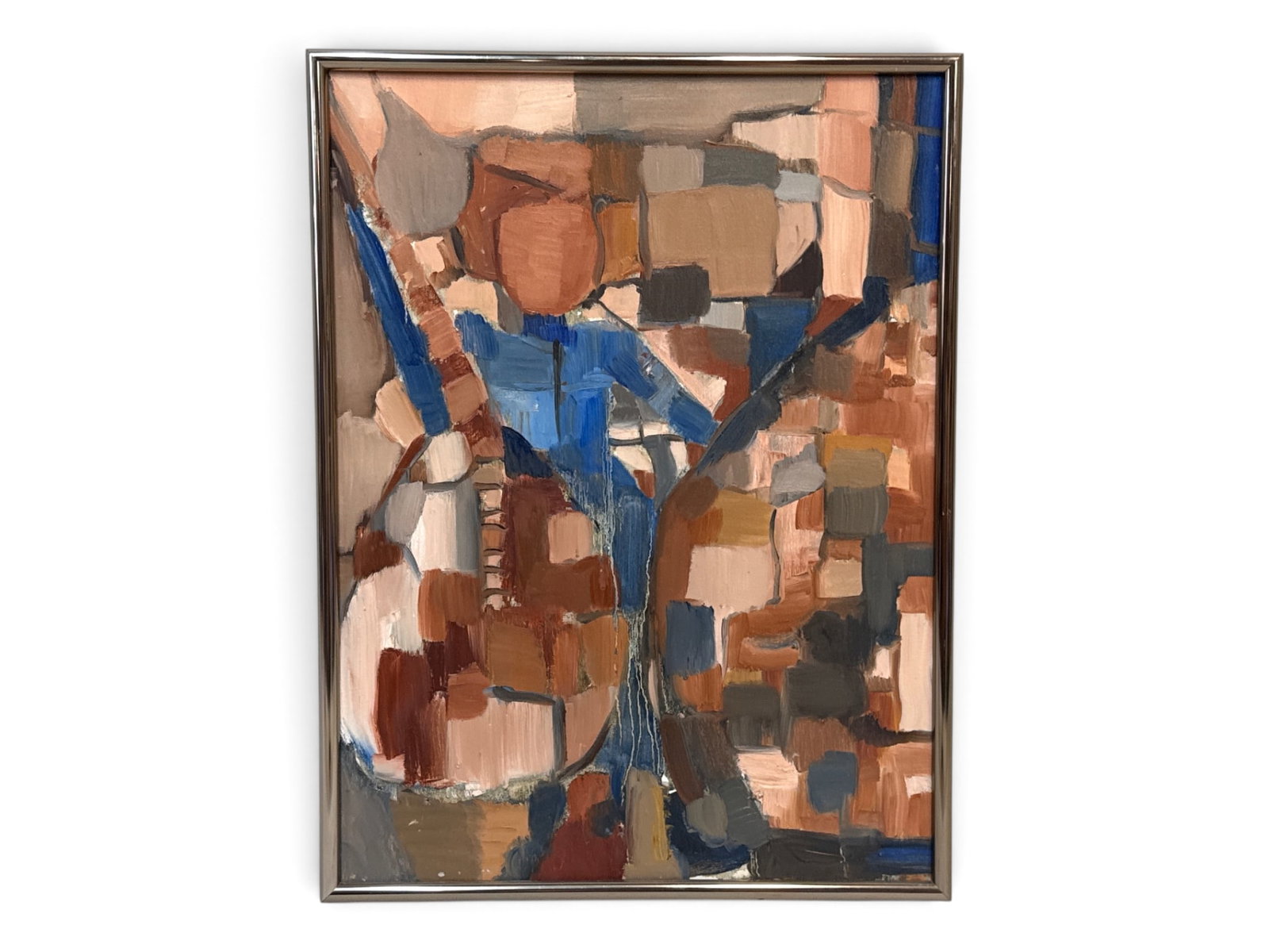 Midcentury Oil/Canvas: Abstract: A midcentury oil on canvas with abstract theme. Unsigned. Frame: 25in x 18-1/2in. | You have additional shipping options, and are not required to use Live Shipping. Additional shipping and delivery