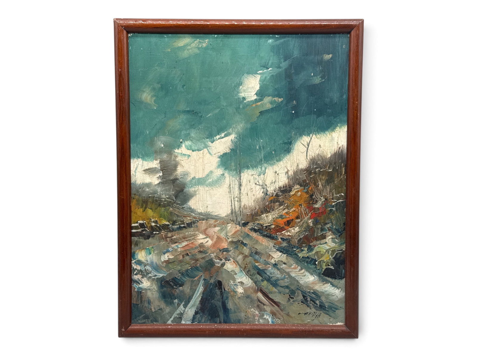 Midcentury Oil/Canvas: Abstract Landscape: A midcentury oil on canvas landscape scene. Signed. 17-1/2in x 13in. | You have additional shipping options, and are not required to use Live Shipping. Additional shipping and delivery details are