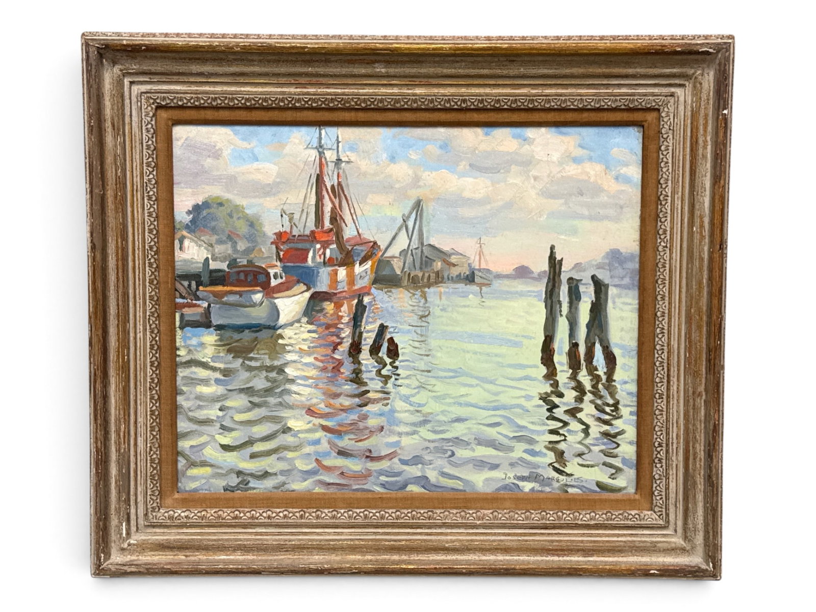 Joseph Margulies Oil/Board: Harbor Scene: Joseph Margulies (American, 1896-1984). A gilt wood framed, Impressionist-style oil on board depicting a harbor scene. Signed lower right; attributed verso. Frame: 23-1/2in x 26-1/2in. | You have addi