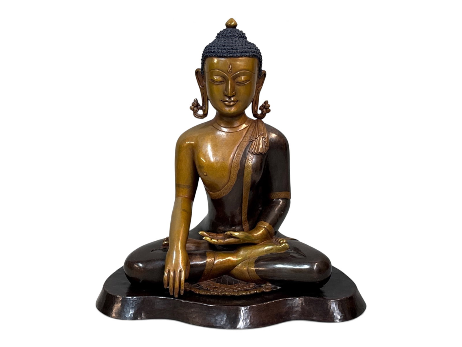 Large Patinated Bronze Shakyamuni Buddha: A large patinated bronze Shakyamuni Buddha figure on a cross-legged base. 15in tall x 12in wide. | You have additional shipping options, and are not required to use Live Shipping. Additional shipping