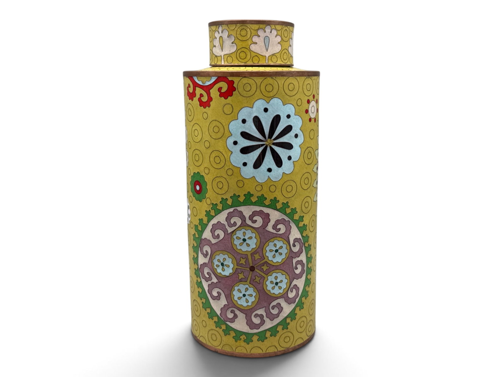 Fabienne Jouvin Cloisonne Enamel Jar: A Fabienne Jouvin French cloisonne enamel over copper lidded jar with vibrant geometric design. 14in tall x 5-1/2in wide. | You have additional shipping options, and are not required to use Live