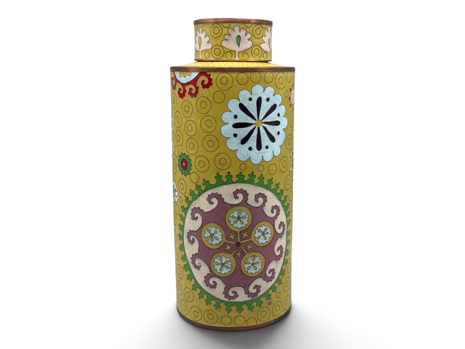 Fabienne Jouvin Cloisonne Lidded Jar: A Fabienne Jouvin French Cloisonne enamel over copper lidded jar with vibrant geometric design. 14in tall x 5-1/2in wide. | You have additional shipping options, and are not required to use Live